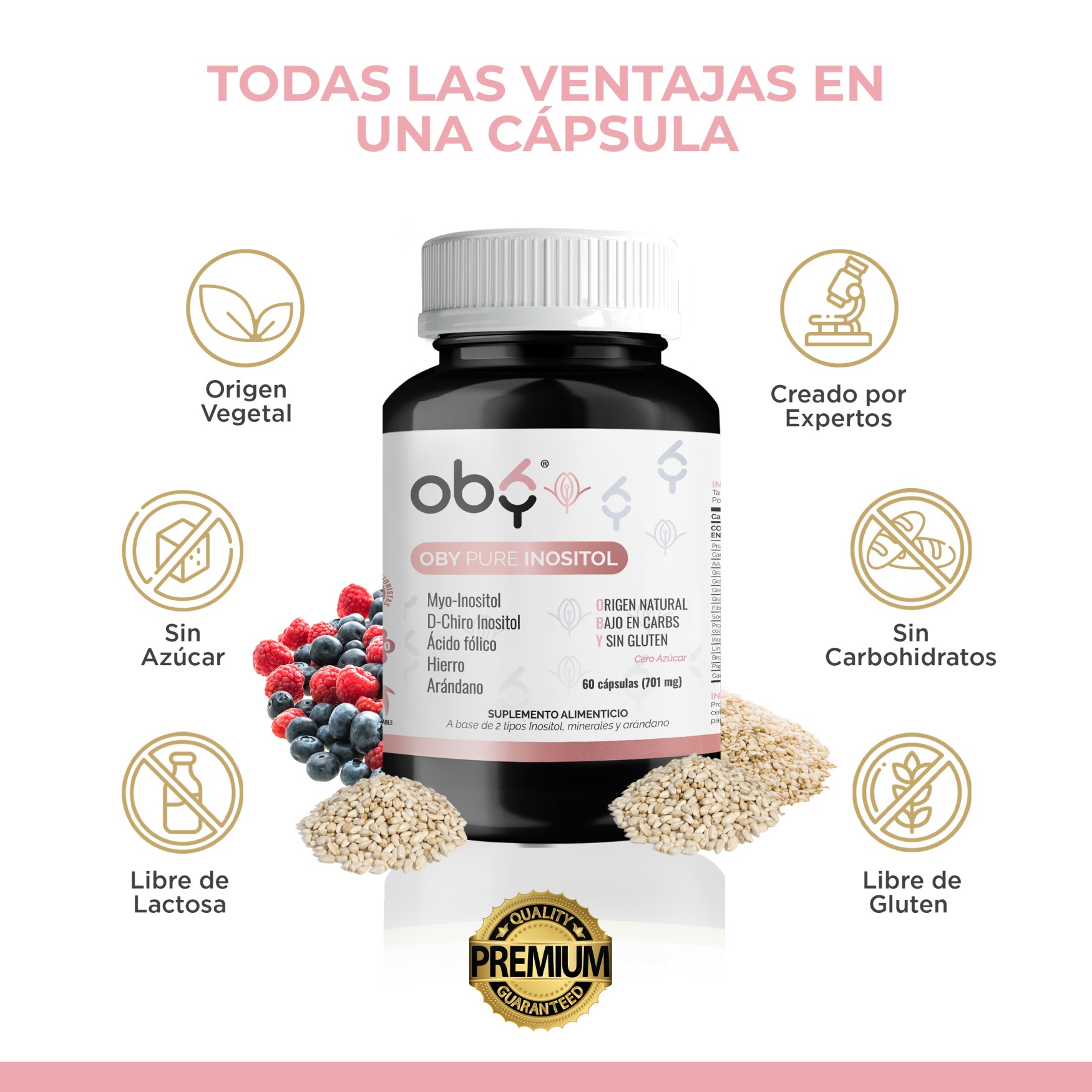 OBY Pure Inositol | Suplemento de Inositol Myo Inositol y D-Chiro-Inositol, Ácido Fólico, Hierro y Extracto de Arándano | 60 cápsulas de 701 mg | Multivitaminico Mujer