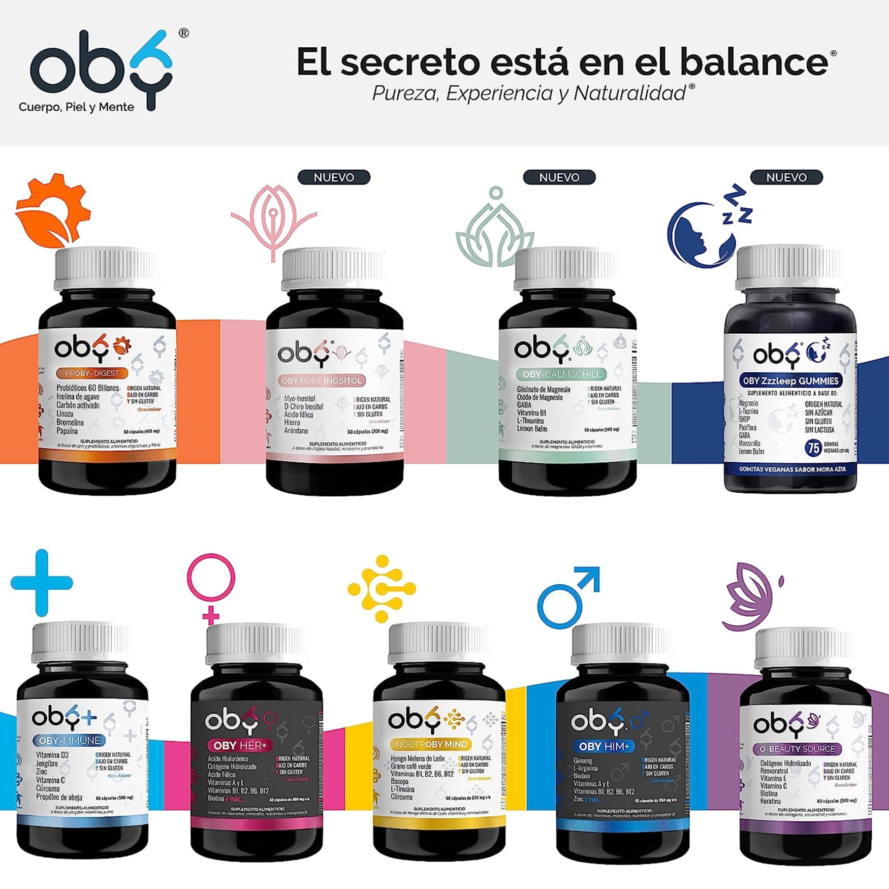 OBY Pure Inositol | Suplemento de Inositol Myo Inositol y D-Chiro-Inositol, Ácido Fólico, Hierro y Extracto de Arándano | 60 cápsulas de 701 mg | Multivitaminico Mujer