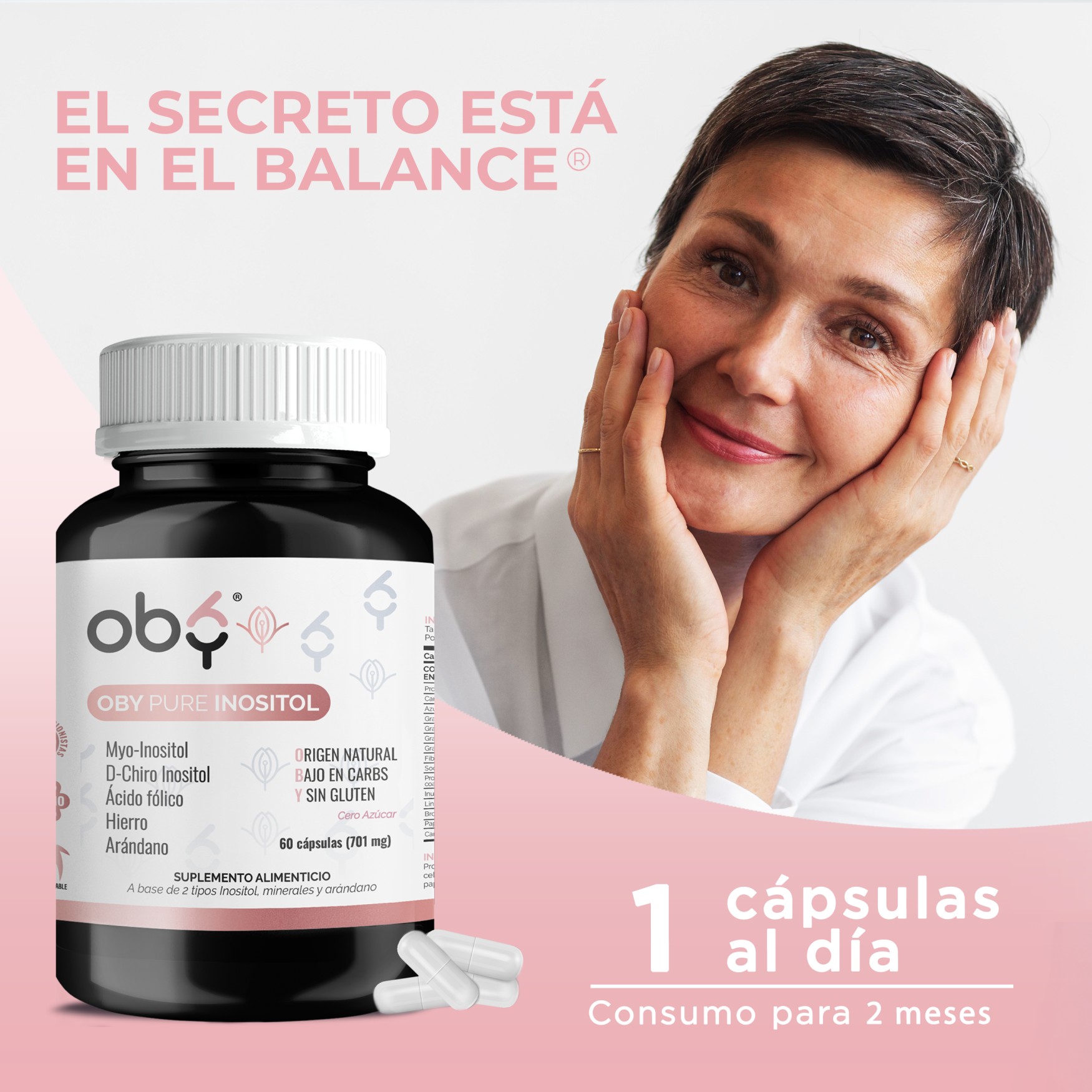 OBY Pure Inositol | Suplemento de Inositol Myo Inositol y D-Chiro-Inositol, Ácido Fólico, Hierro y Extracto de Arándano | 60 cápsulas de 701 mg | Multivitaminico Mujer