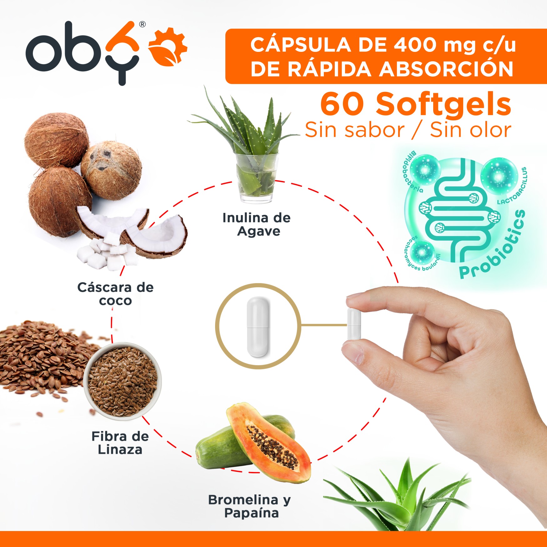 OBY Proby Digest Probióticos 60 Billones, Prebióticos, Inulina de Agave, Enzimas Digestivas y Carbón Activado | 60 Cápsulas de 400mg para 60 Días | Probioticos Hombre y Mujer