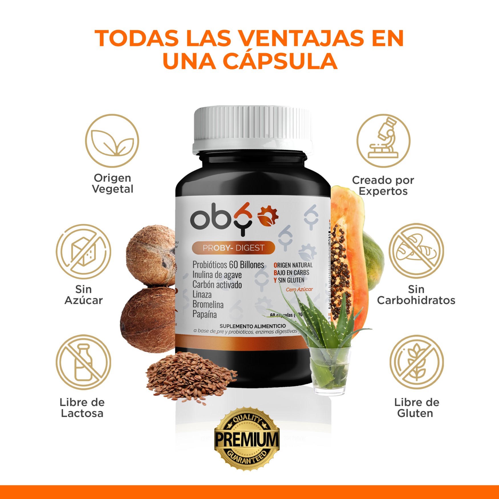 OBY Proby Digest Probióticos 60 Billones, Prebióticos, Inulina de Agave, Enzimas Digestivas y Carbón Activado | 60 Cápsulas de 400mg para 60 Días | Probioticos Hombre y Mujer