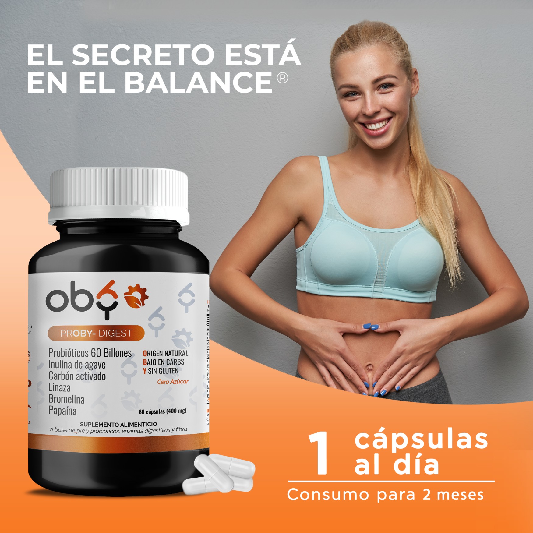 OBY Proby Digest Probióticos 60 Billones, Prebióticos, Inulina de Agave, Enzimas Digestivas y Carbón Activado | 60 Cápsulas de 400mg para 60 Días | Probioticos Hombre y Mujer