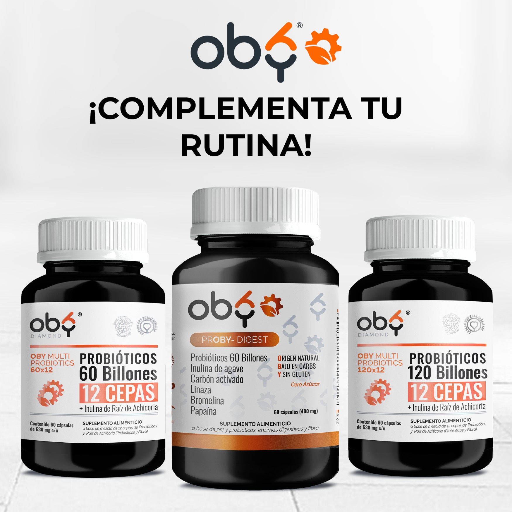 OBY Proby Digest Probióticos 60 Billones, Prebióticos, Inulina de Agave, Enzimas Digestivas y Carbón Activado | 60 Cápsulas de 400mg para 60 Días | Probioticos Hombre y Mujer