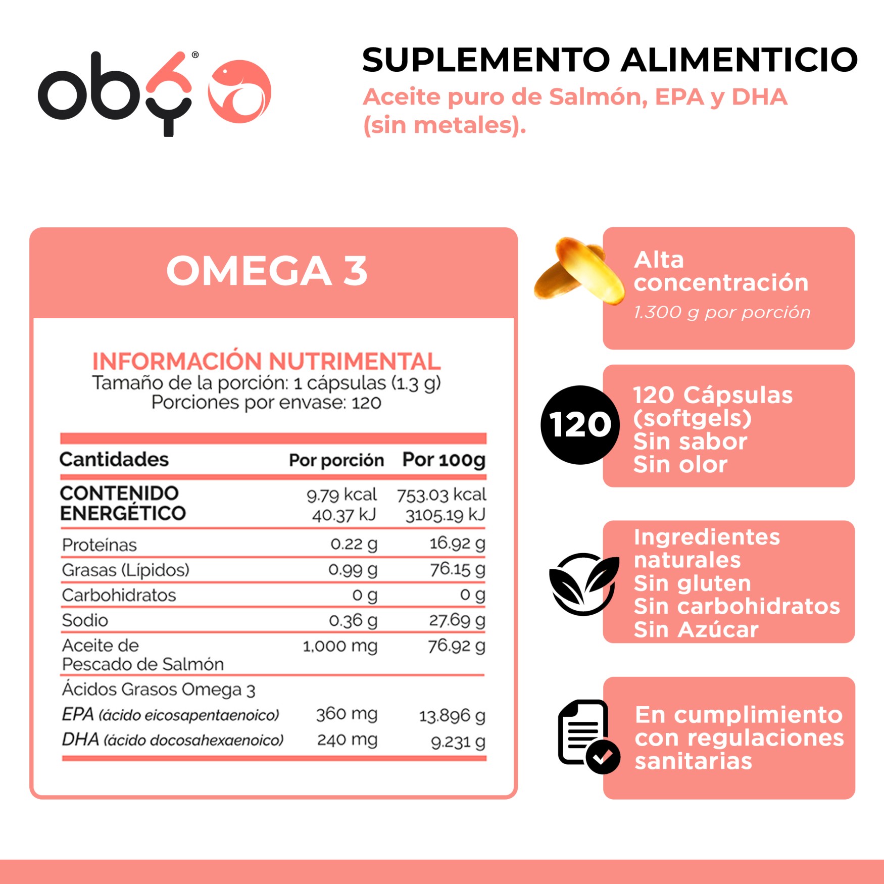 OBY Omega 3 a base de Salmón Salvaje de Alta concentración | Omega 3 1000mg Aceite de Salmón Puro y DHA - EPA | 120 Capsulas 1300 mg en Softgels 4 meses de uso - Sin Olor y Sin Sabor