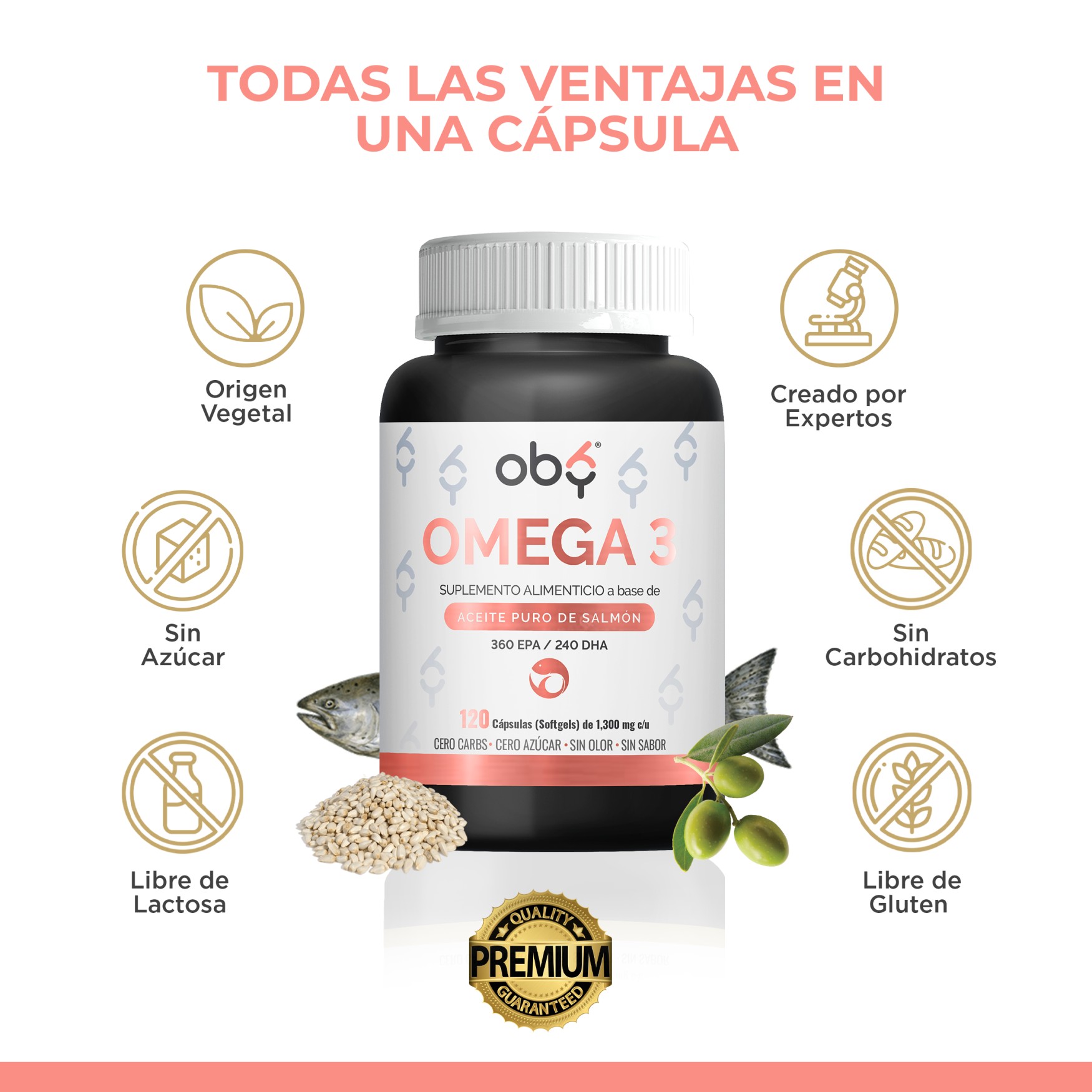 OBY Omega 3 a base de Salmón Salvaje de Alta concentración | Omega 3 1000mg Aceite de Salmón Puro y DHA - EPA | 120 Capsulas 1300 mg en Softgels 4 meses de uso - Sin Olor y Sin Sabor