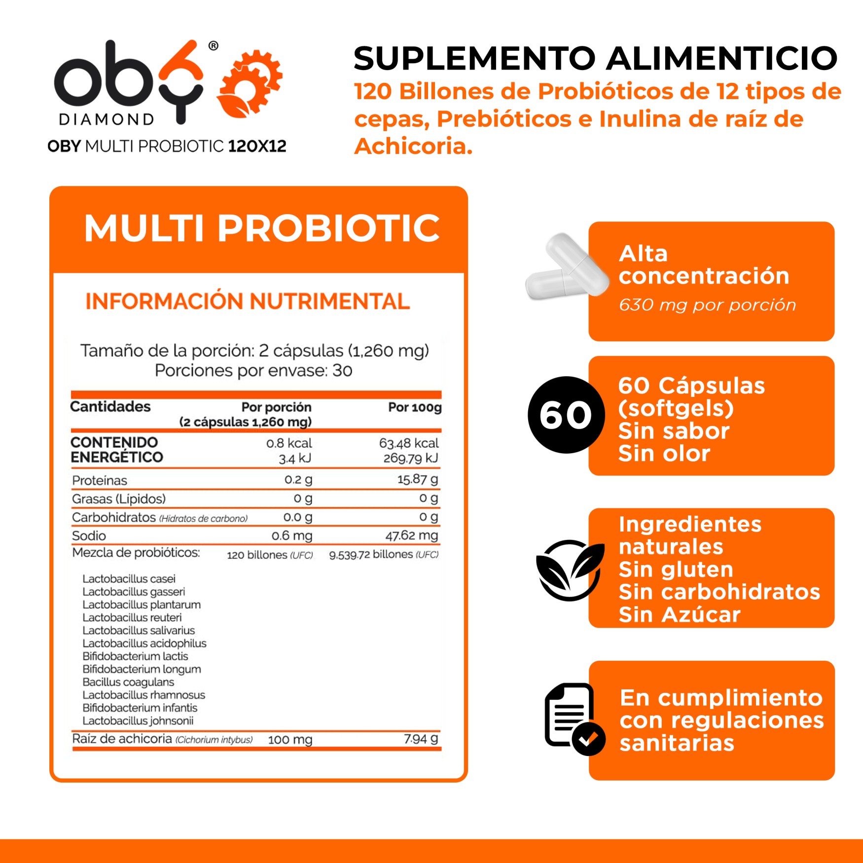 OBY MULTI Probiotics Probioticos 120 Billones de 12 Cepas