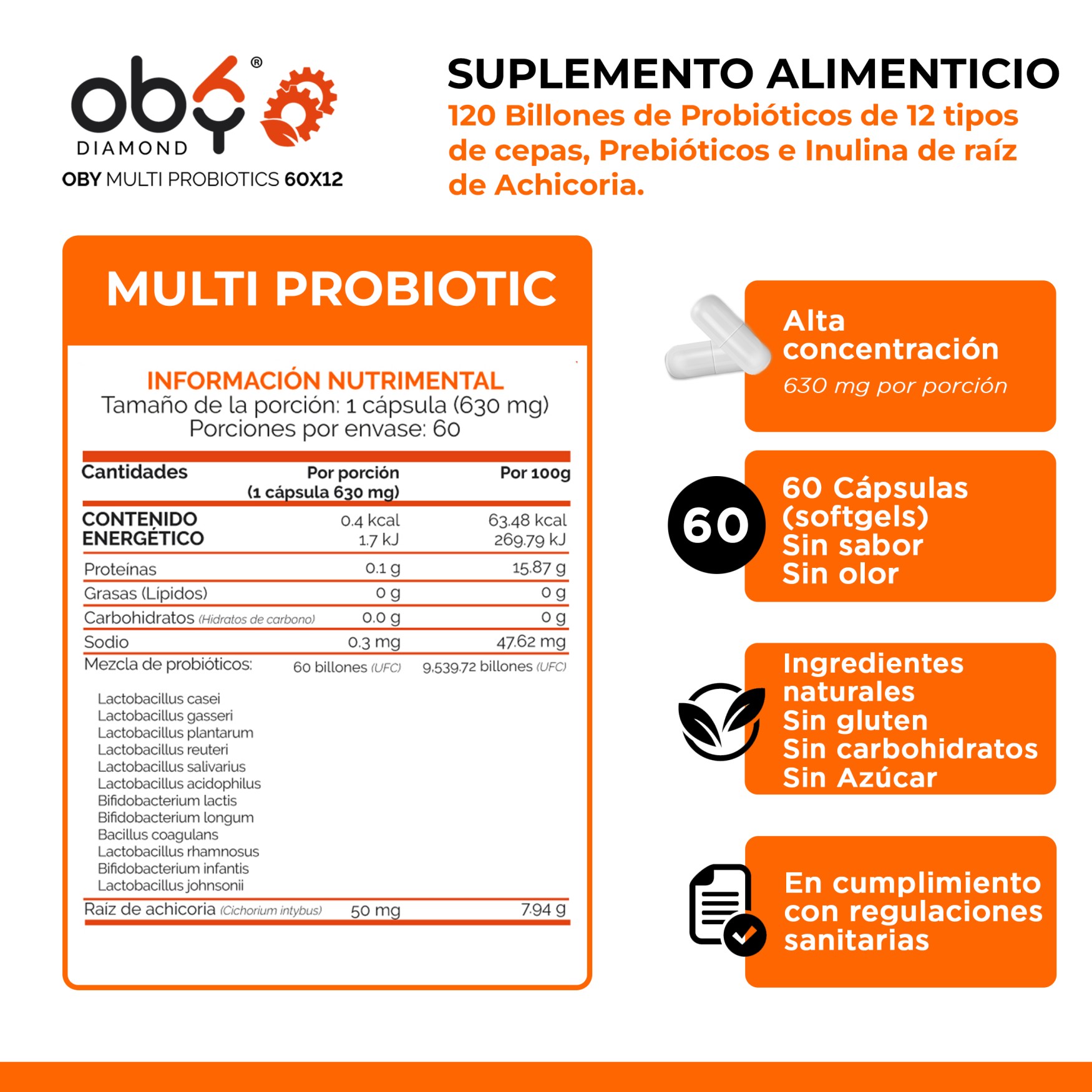 OBY MULTI Probiotics | Probioticos 60 Billones de 12 Cepas + Prebioticos - Incluye Inulina Raiz de Achicoria | 60 cápsulas para hasta 60 días - Probioticos Mujer y Hombre