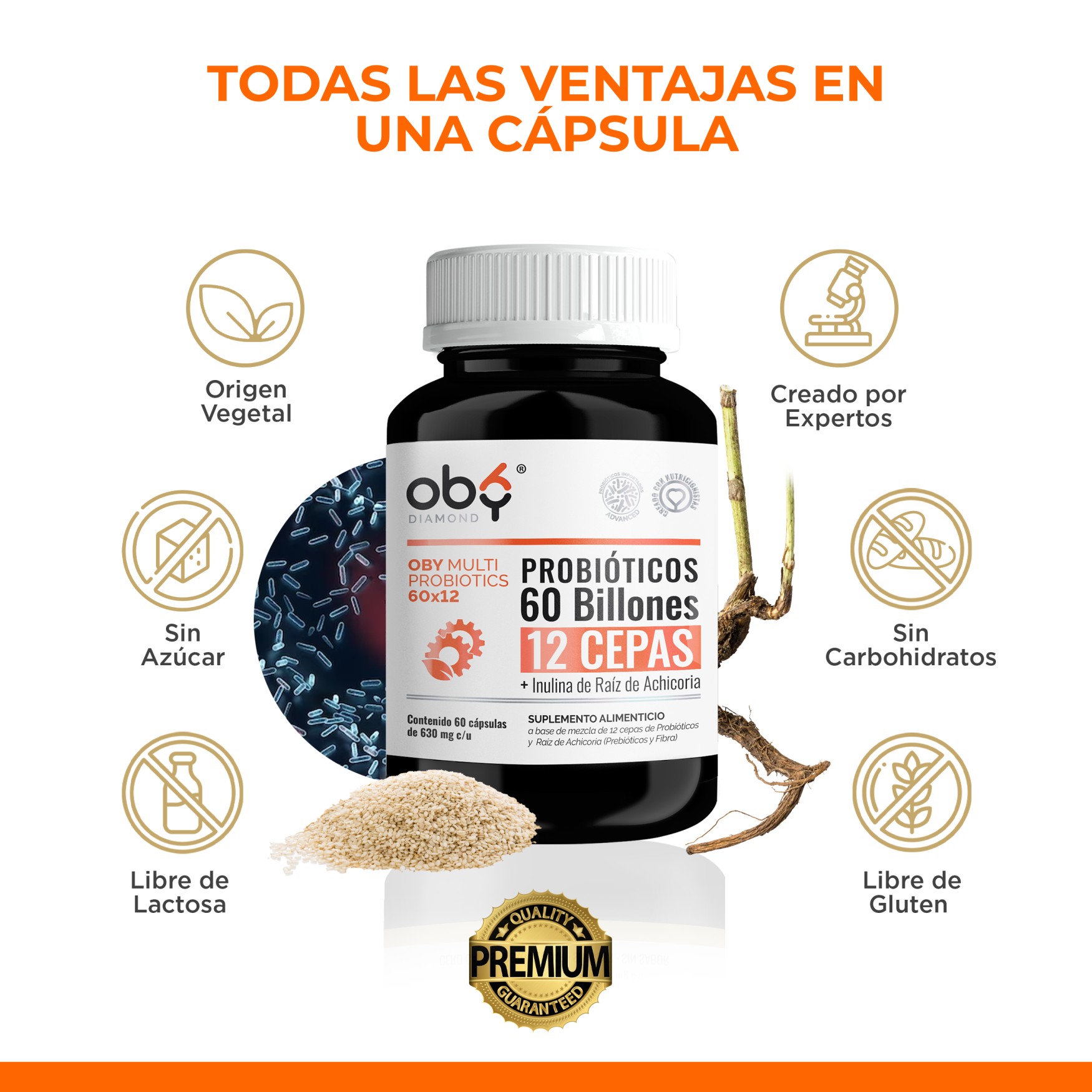 OBY MULTI Probiotics | Probioticos 60 Billones de 12 Cepas + Prebioticos - Incluye Inulina Raiz de Achicoria | 60 cápsulas para hasta 60 días - Probioticos Mujer y Hombre