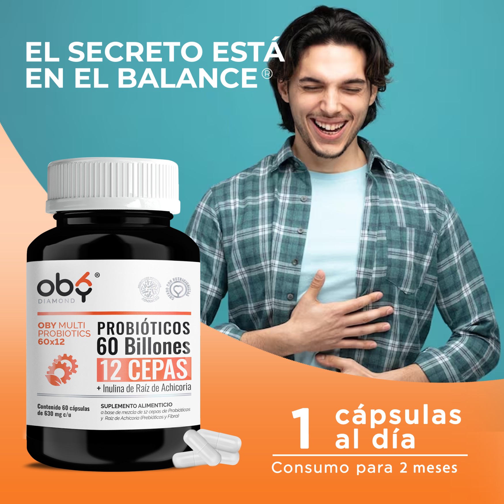 OBY MULTI Probiotics | Probioticos 60 Billones de 12 Cepas + Prebioticos - Incluye Inulina Raiz de Achicoria | 60 cápsulas para hasta 60 días - Probioticos Mujer y Hombre