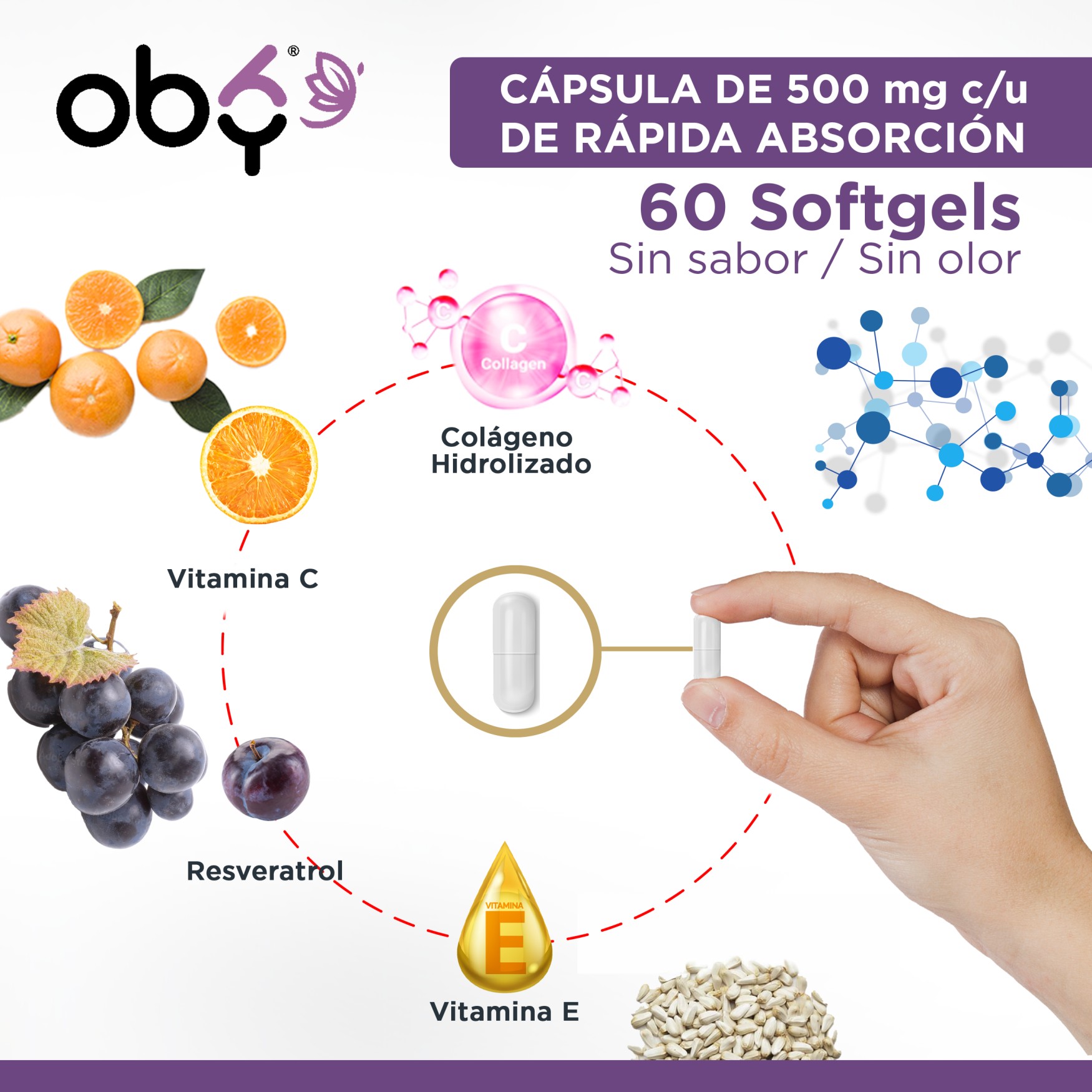 OBY Beauty | Capsulas con Colageno Hidrolizado, Biotina, Vitamina C, Vitamina E, Resveratrol y Keratina | Tratamiento para Cabello Maltratado, Piel y Uñas | Multivitaminico Mujer Hair Skin and Nails