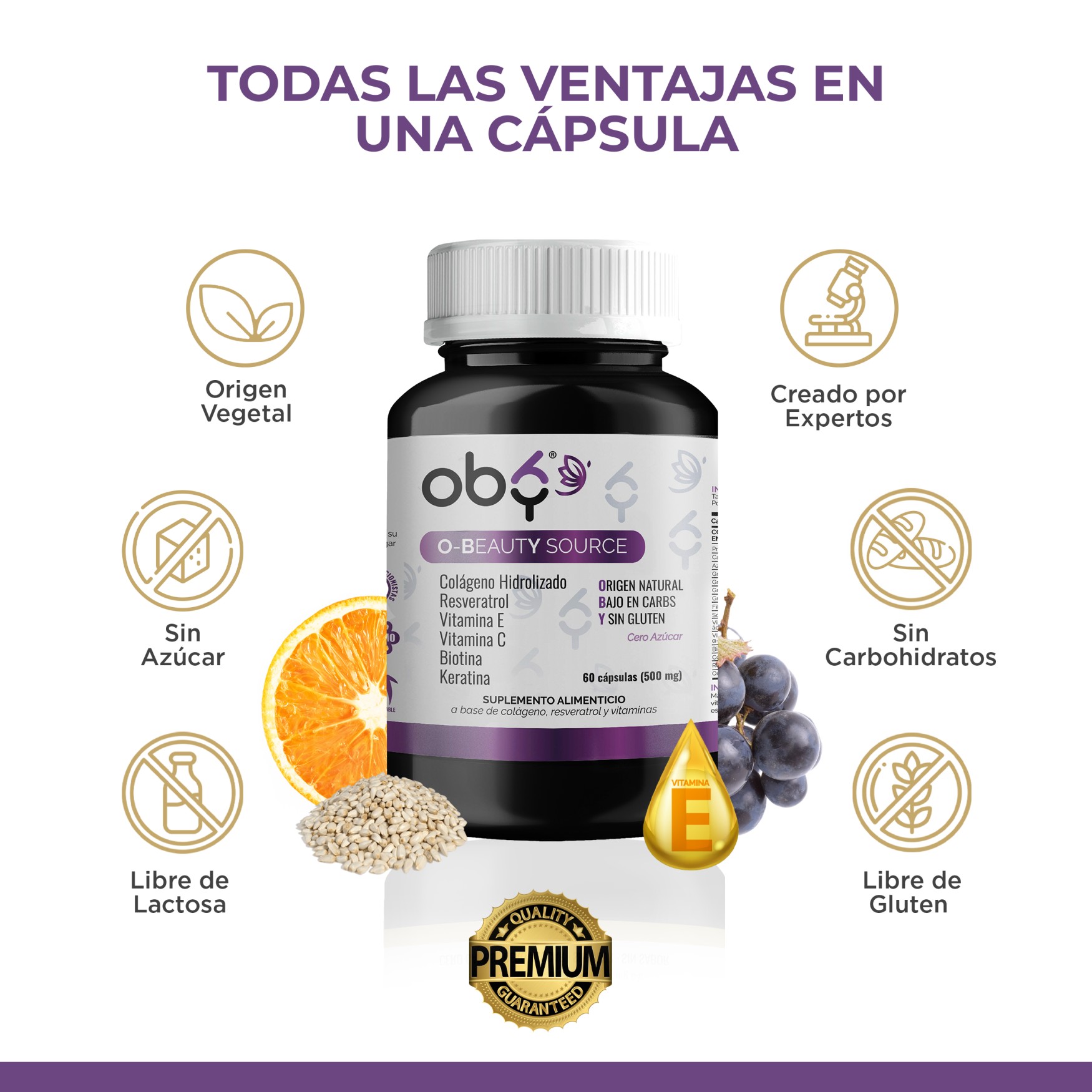 OBY Beauty | Capsulas con Colageno Hidrolizado, Biotina, Vitamina C, Vitamina E, Resveratrol y Keratina | Tratamiento para Cabello Maltratado, Piel y Uñas | Multivitaminico Mujer Hair Skin and Nails