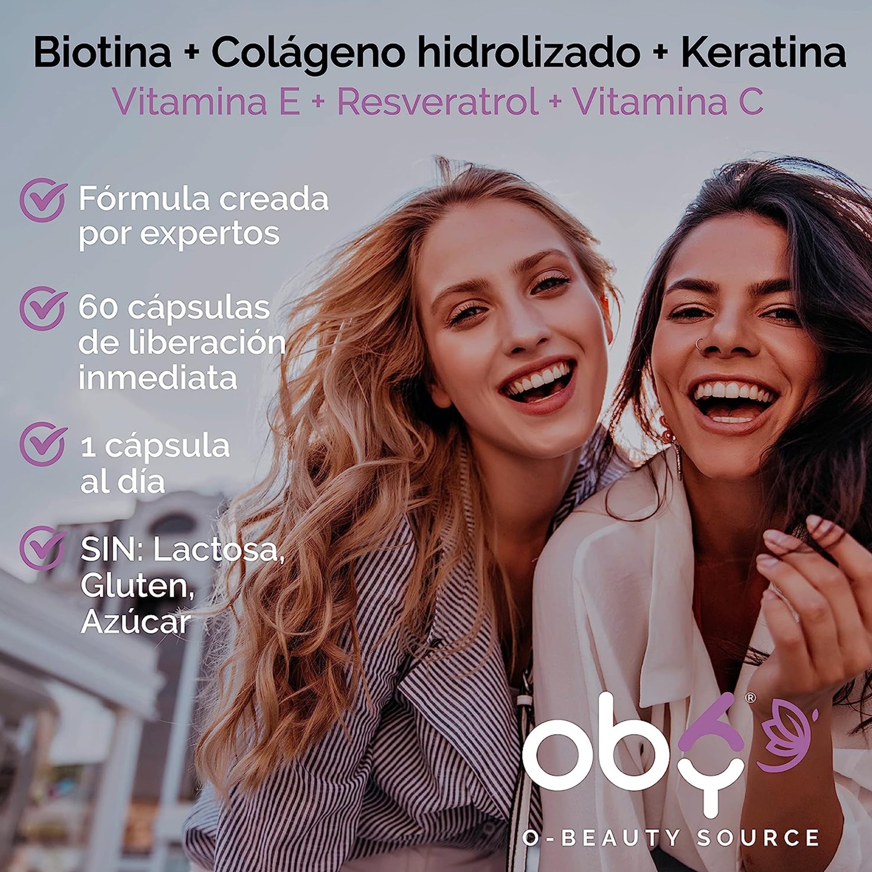 OBY Beauty | Capsulas con Colageno Hidrolizado, Biotina, Vitamina C, Vitamina E, Resveratrol y Keratina | Tratamiento para Cabello Maltratado, Piel y Uñas | Multivitaminico Mujer Hair Skin and Nails