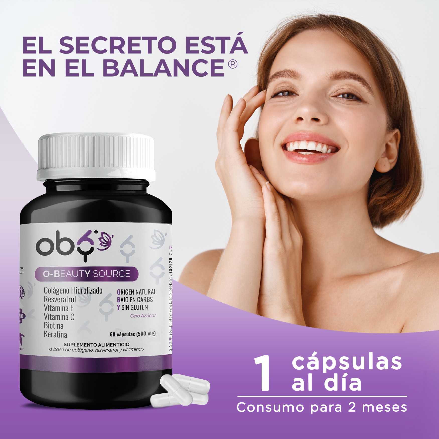 OBY Beauty | Capsulas con Colageno Hidrolizado, Biotina, Vitamina C, Vitamina E, Resveratrol y Keratina | Tratamiento para Cabello Maltratado, Piel y Uñas | Multivitaminico Mujer Hair Skin and Nails