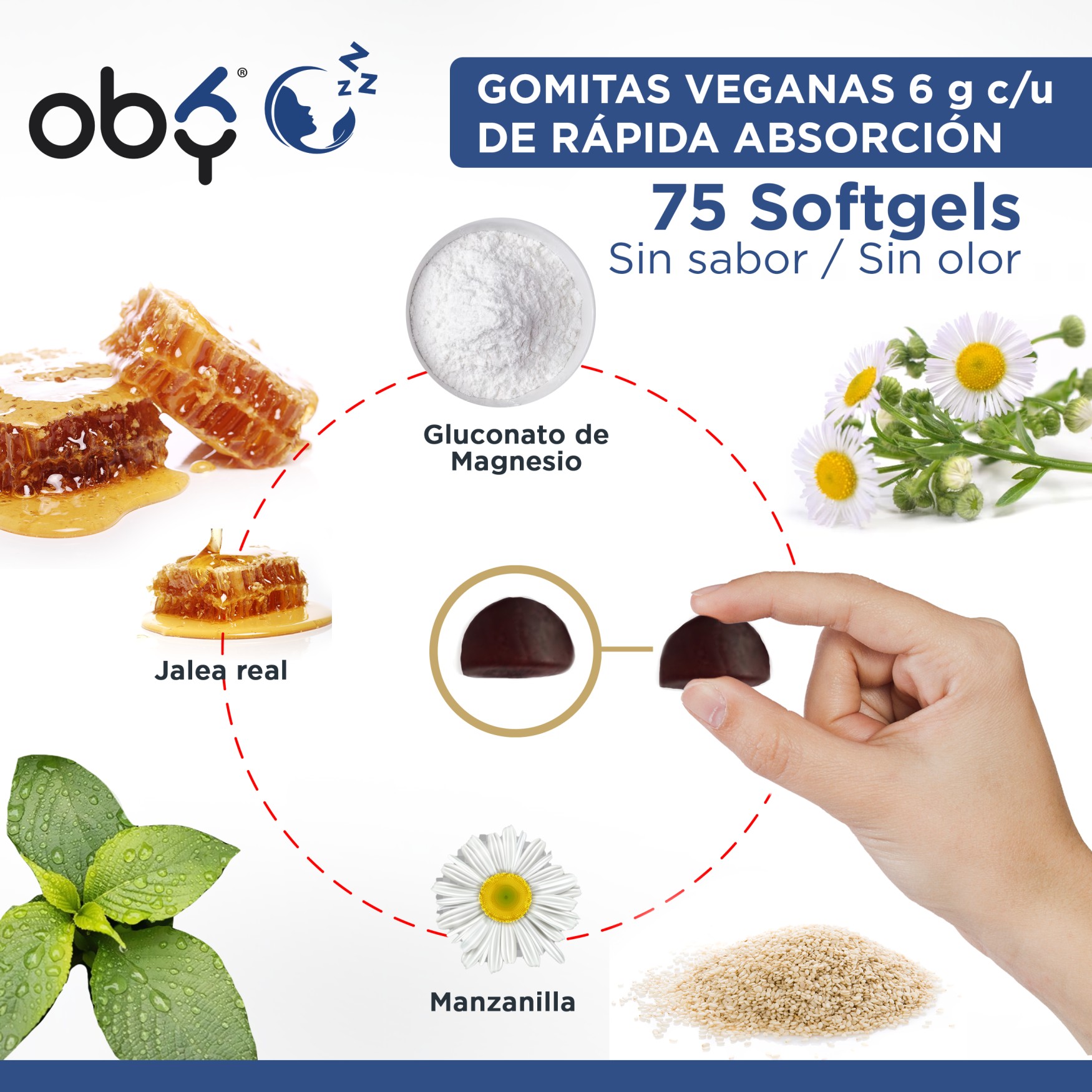 OBY Zzzleep GUMMIES 75 Gomitas de Magnesio, GABA, 5HTP, Pasiflora, Toronjil, L Teanina y Manzanilla | Suplemento alimenticio 100% Vegano - Sabor Mora Azul Sin azucar