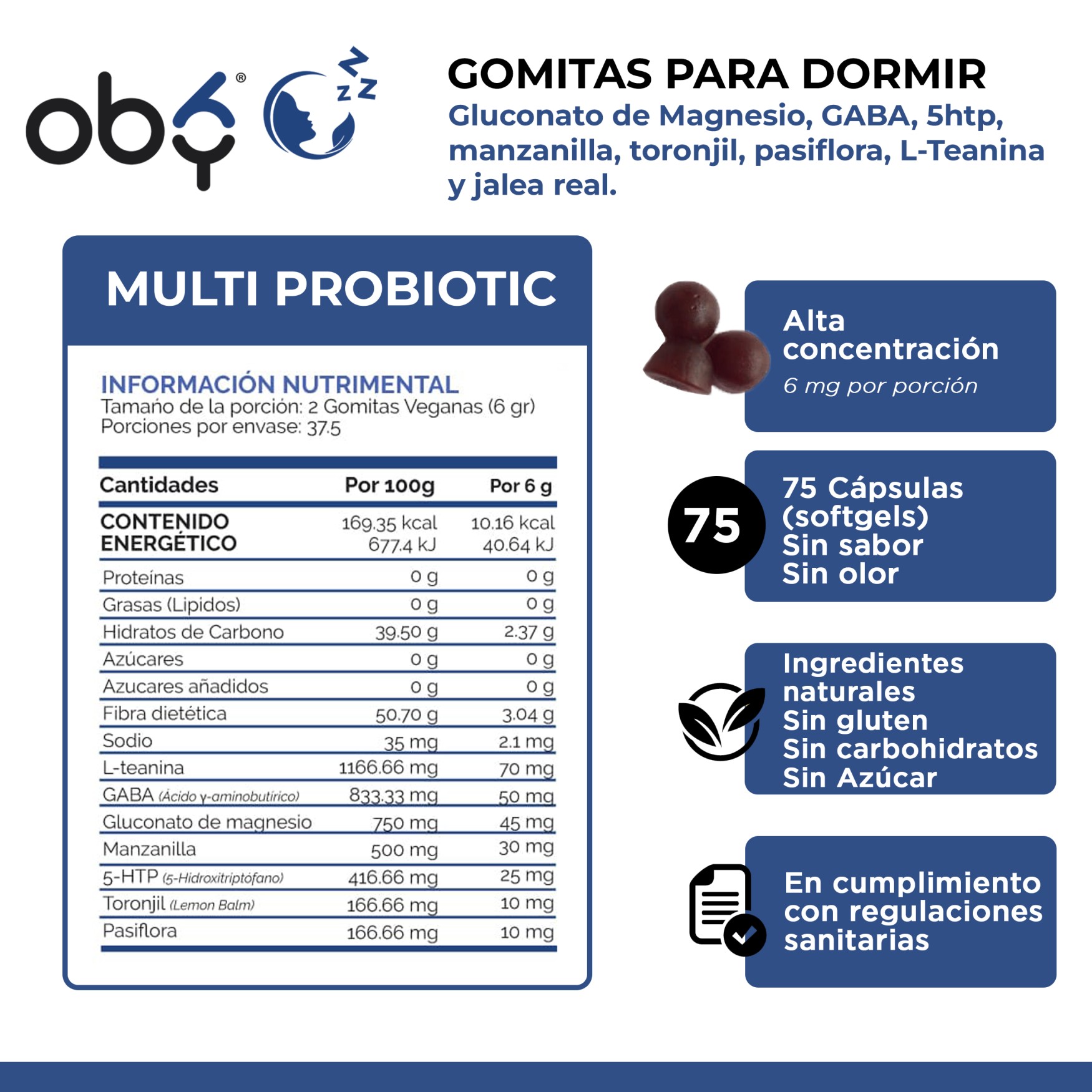 OBY Zzzleep GUMMIES 75 Gomitas de Magnesio, GABA, 5HTP, Pasiflora, Toronjil, L Teanina y Manzanilla | Suplemento alimenticio 100% Vegano - Sabor Mora Azul Sin azucar