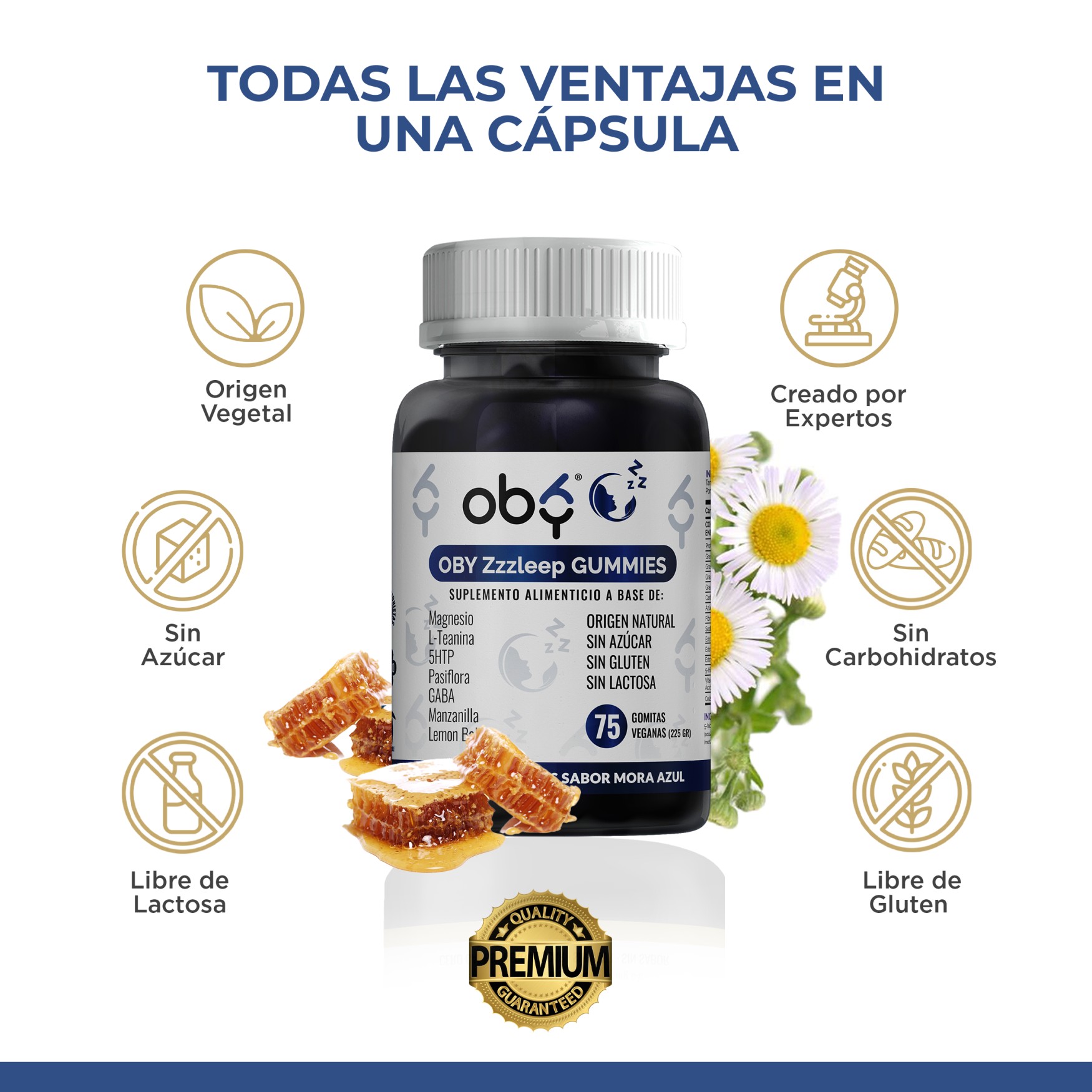 OBY Zzzleep GUMMIES 75 Gomitas de Magnesio, GABA, 5HTP, Pasiflora, Toronjil, L Teanina y Manzanilla | Suplemento alimenticio 100% Vegano - Sabor Mora Azul Sin azucar