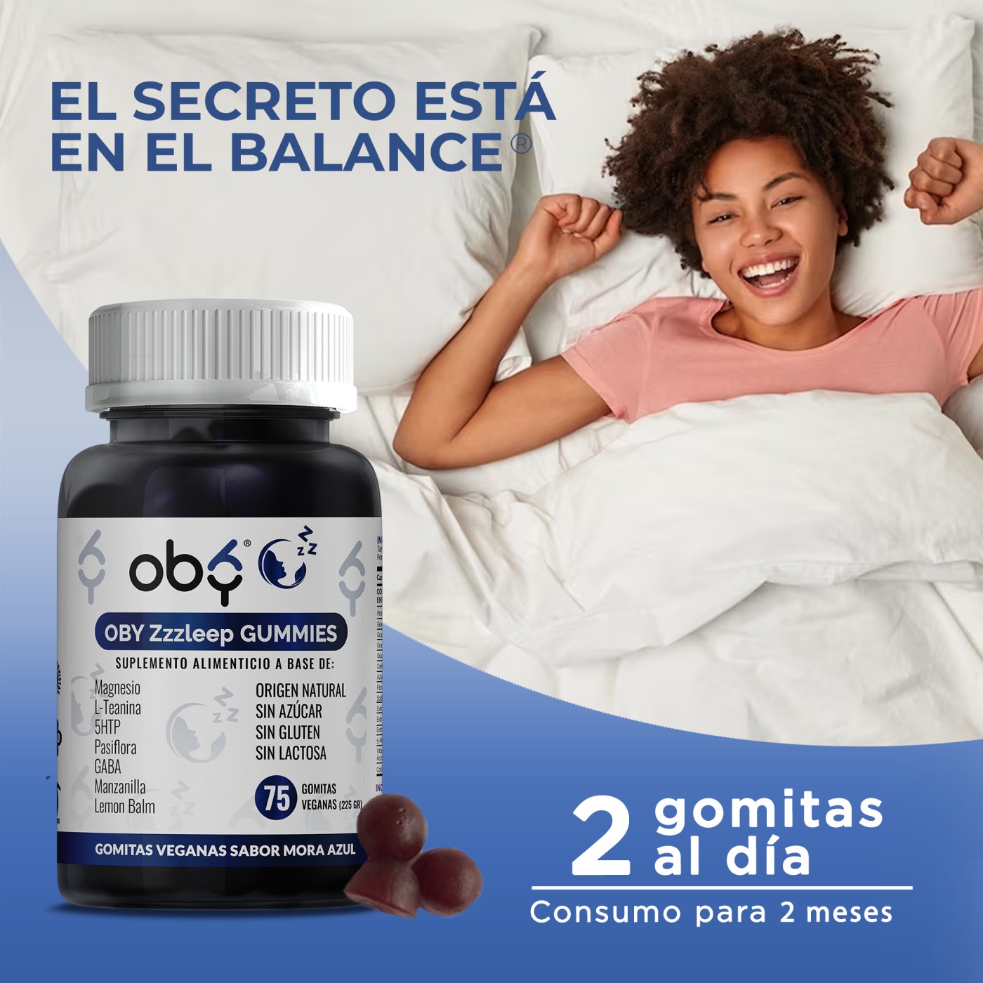 OBY Zzzleep GUMMIES 75 Gomitas de Magnesio, GABA, 5HTP, Pasiflora, Toronjil, L Teanina y Manzanilla | Suplemento alimenticio 100% Vegano - Sabor Mora Azul Sin azucar