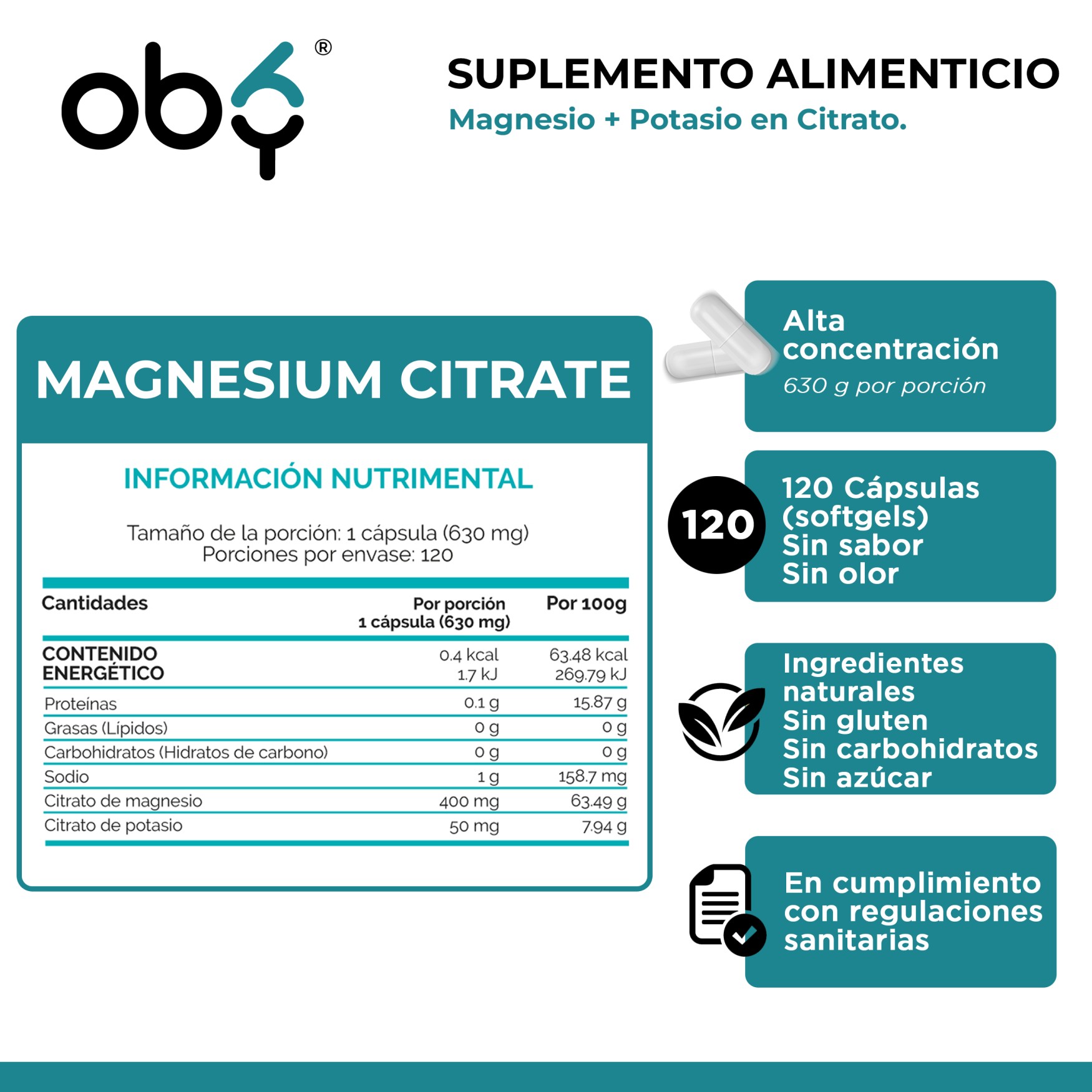 OBY MAGNESIUM CITRATE | Citrato de Magnesio y Citrato De Potasio - 120 Cápsulas para hasta 4 meses | Combinación de Ingredientes Naturales Citrato de Magnesio y Potasio capsulas