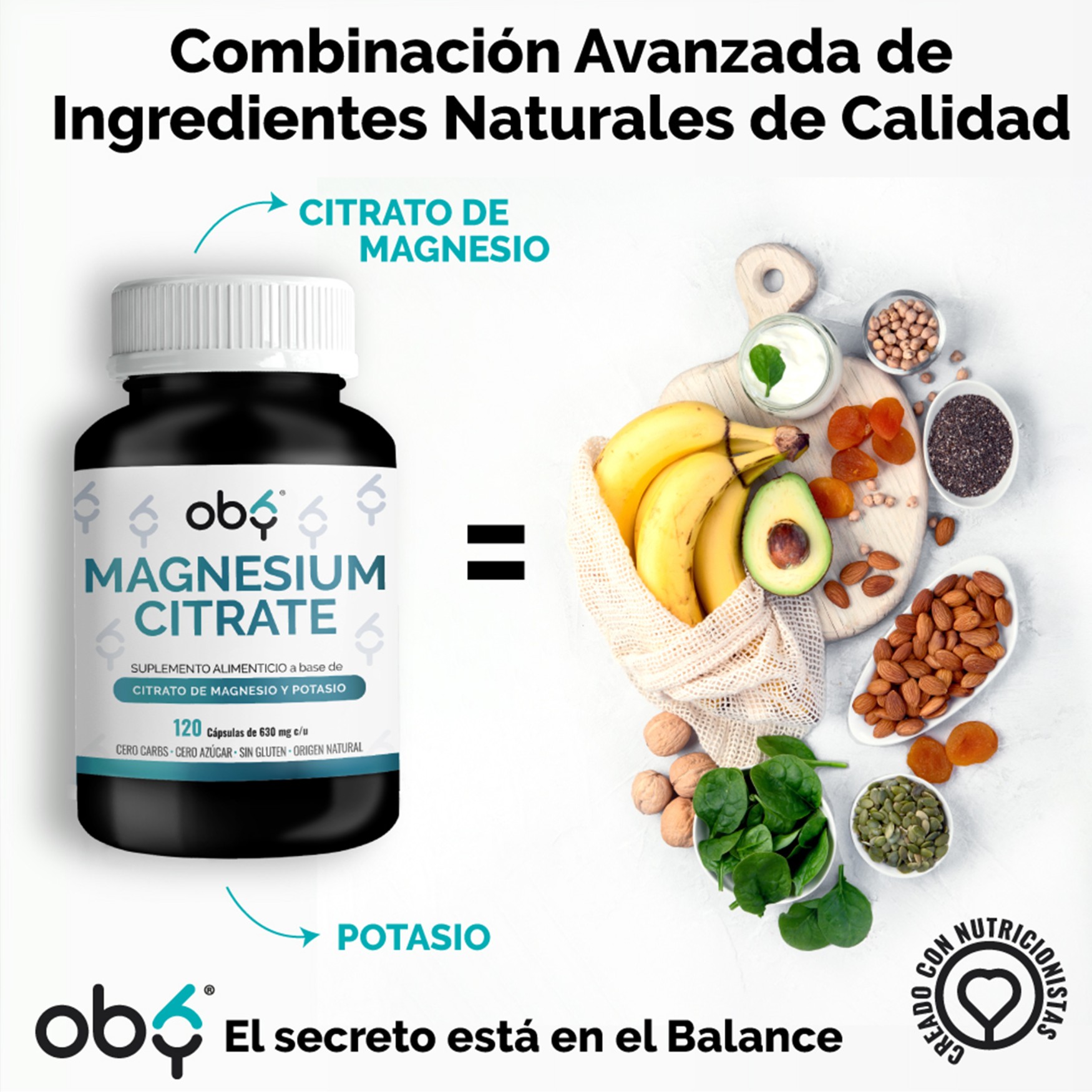 OBY MAGNESIUM CITRATE | Citrato de Magnesio y Citrato De Potasio - 120 Cápsulas para hasta 4 meses | Combinación de Ingredientes Naturales Citrato de Magnesio y Potasio capsulas