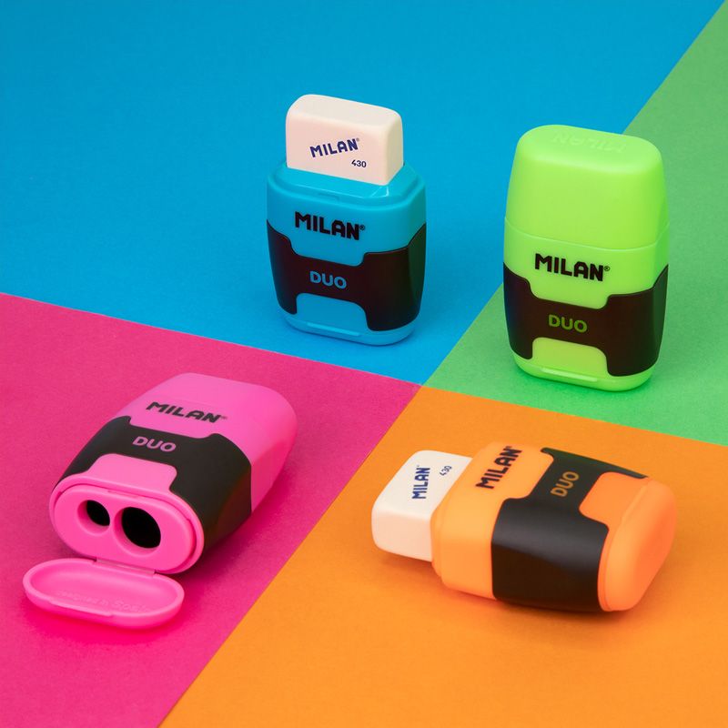 Caja De 16 Sacapuntas Doble Y Goma Milan Touch Duo Colores