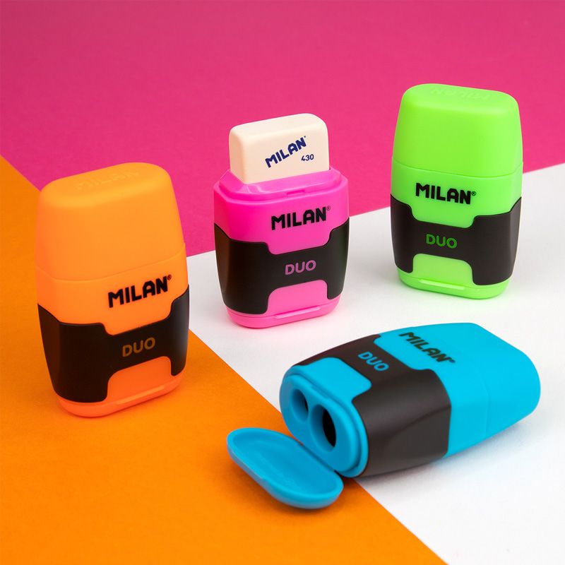 Caja De 16 Sacapuntas Doble Y Goma Milan Touch Duo Colores