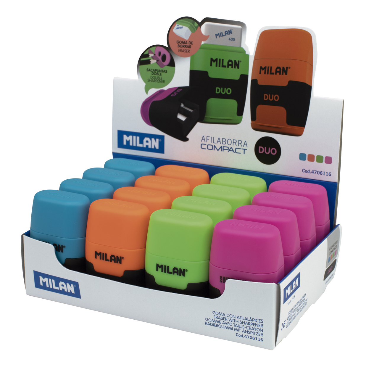 Caja De 16 Sacapuntas Doble Y Goma Milan Touch Duo Colores