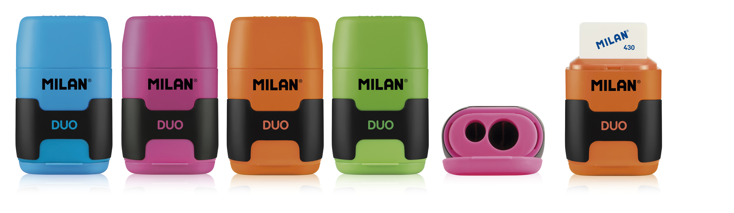Caja De 16 Sacapuntas Doble Y Goma Milan Touch Duo Colores