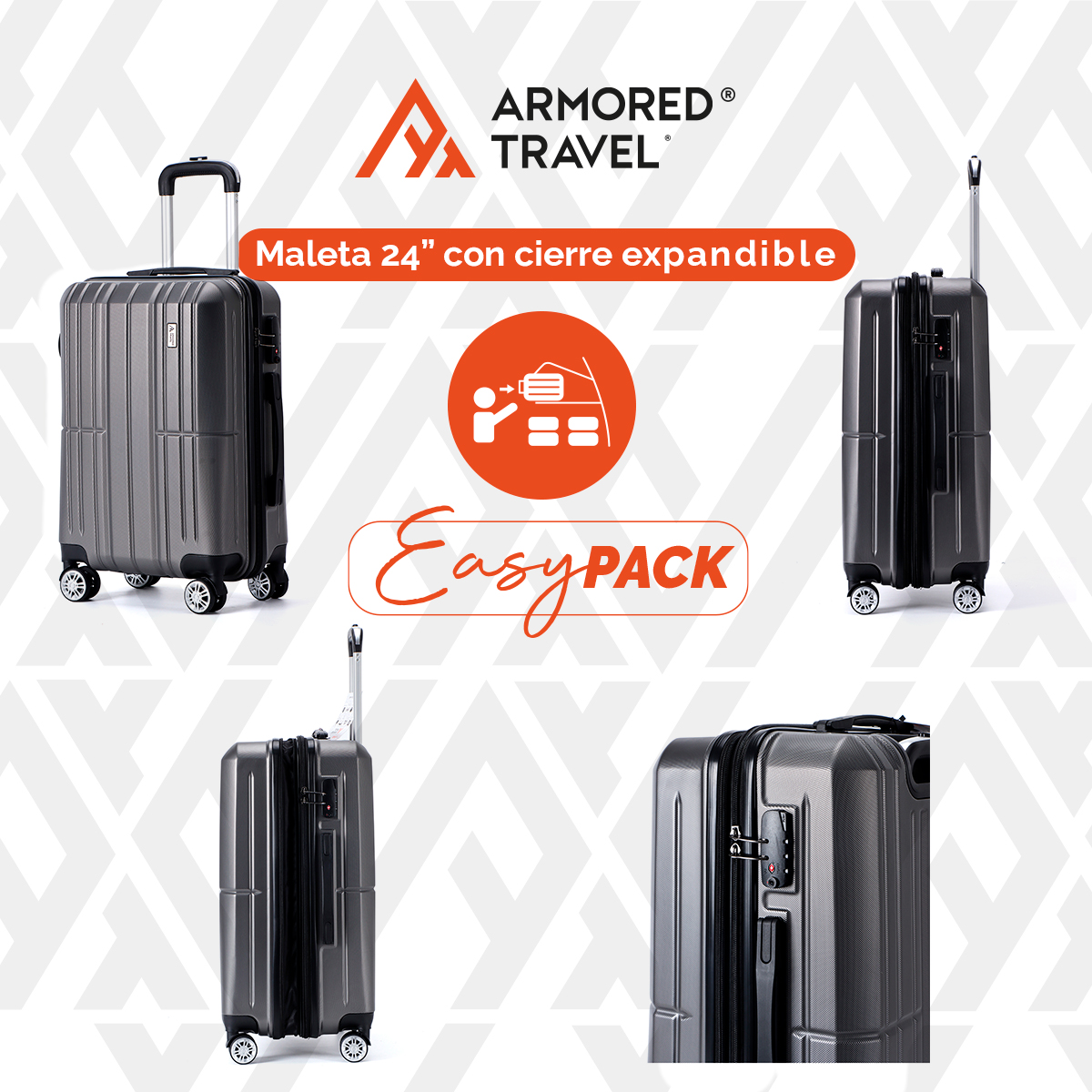 Set de 3 maletas con carry on de mano Easy pack ABS doble refuerzo con candado de seguridad TSA LOCK Armored travel Gris Oxford