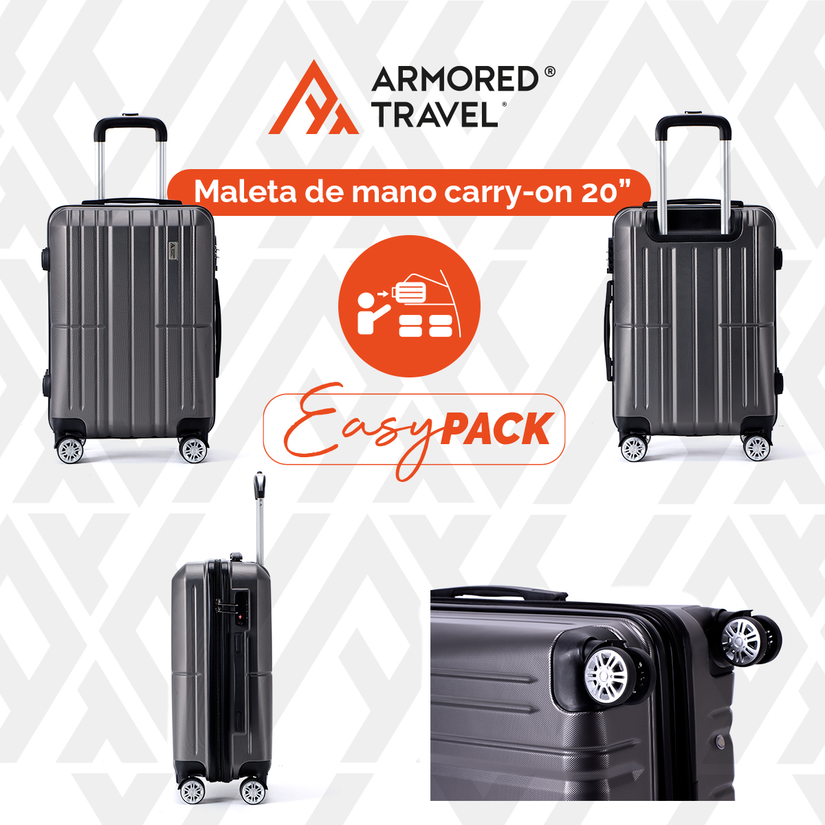 Set de 3 maletas con carry on de mano Easy pack ABS doble refuerzo con candado de seguridad TSA LOCK Armored travel Gris Oxford
