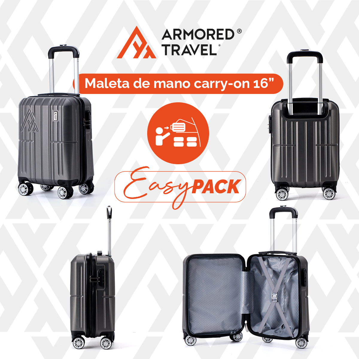 Set de 3 maletas con carry on de mano Easy pack ABS doble refuerzo con candado de seguridad TSA LOCK Armored travel Gris Oxford