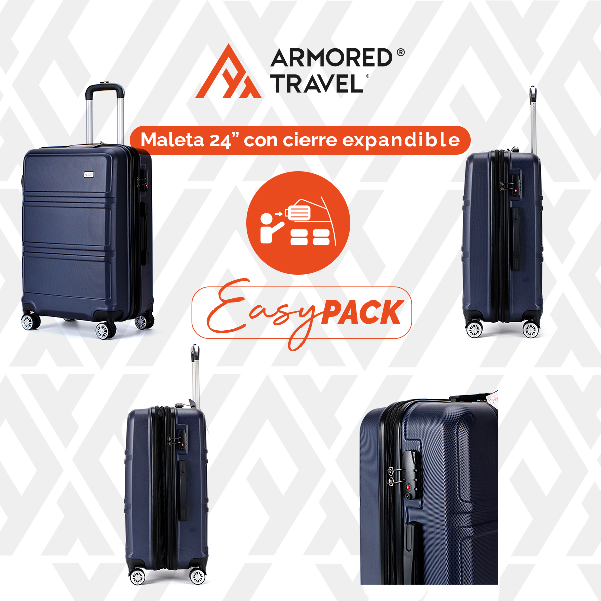 Set de 3 maletas con carry on de mano Easy pack ABS doble refuerzo con candado de seguridad TSA LOCK Armored travel Azul Navy