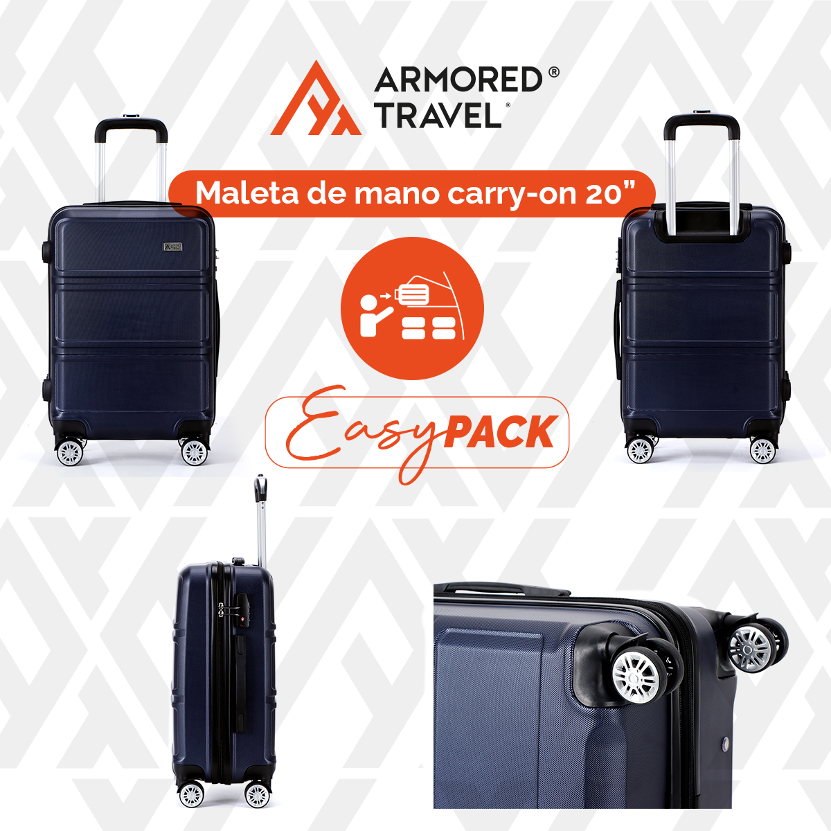 Set de 3 maletas con carry on de mano Easy pack ABS doble refuerzo con candado de seguridad TSA LOCK Armored travel Azul Navy