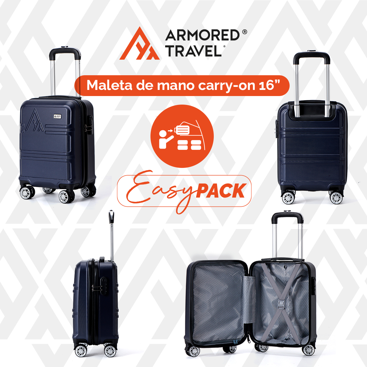 Set de 3 maletas con carry on de mano Easy pack ABS doble refuerzo con candado de seguridad TSA LOCK Armored travel Azul Navy