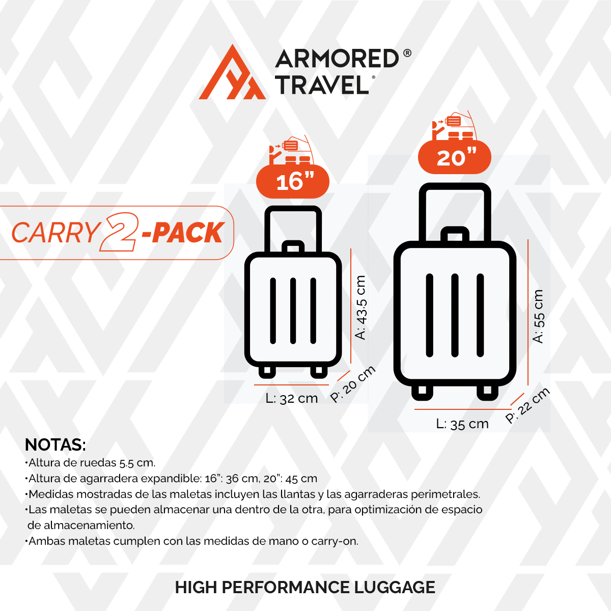 Maletas carry on de mano set 2 pack 20 y 16 pulgadas con candado de seguridad TSA LOCK ABS doble refuerzo Armored travel Negro