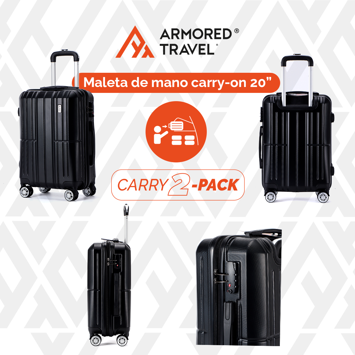 Maletas carry on de mano set 2 pack 20 y 16 pulgadas con candado de seguridad TSA LOCK ABS doble refuerzo Armored travel Negro