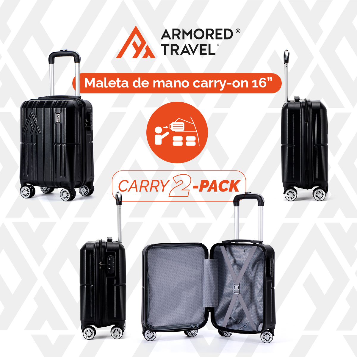 Maletas carry on de mano set 2 pack 20 y 16 pulgadas con candado de seguridad TSA LOCK ABS doble refuerzo Armored travel Negro
