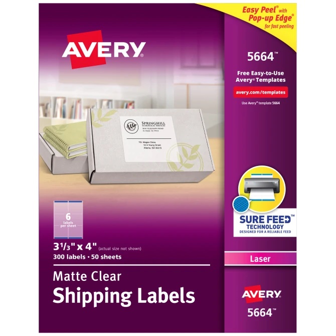 Etiquetas Traslucidas para impresoras Láser de 8,5 Cm X 10,2 Cm Avery 5664, con 300 etiquetas.