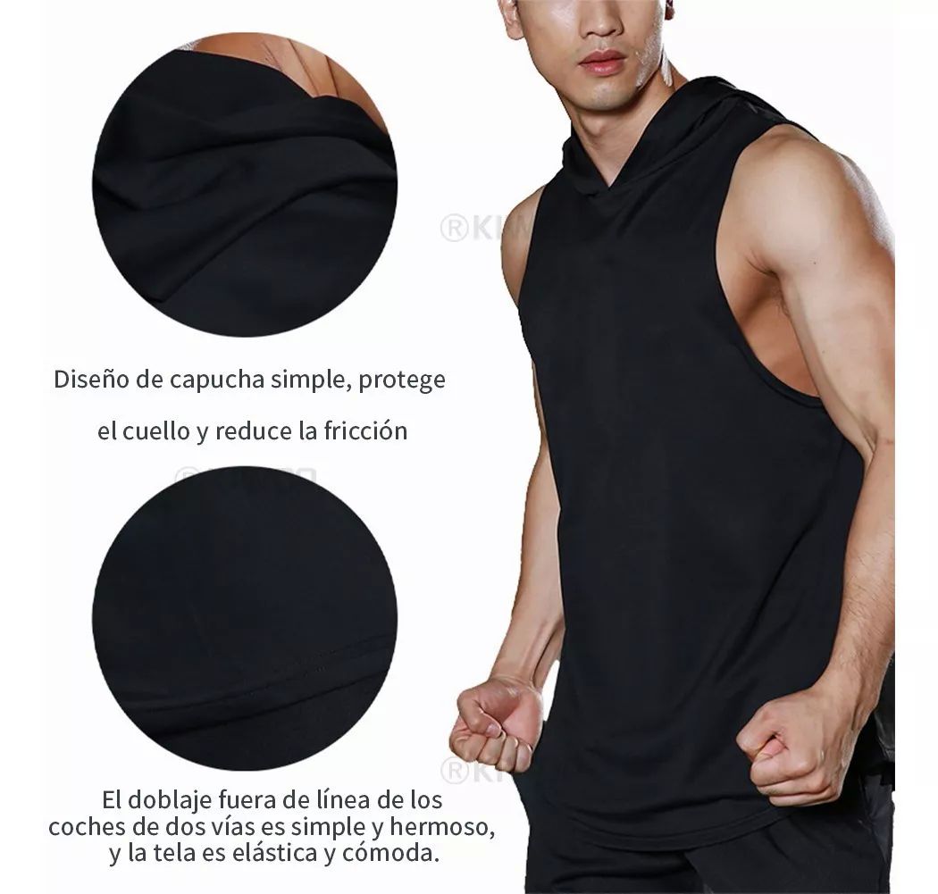 Playera Camiseta Deportiva para Hombre sin Mangas con Gorro Capucha