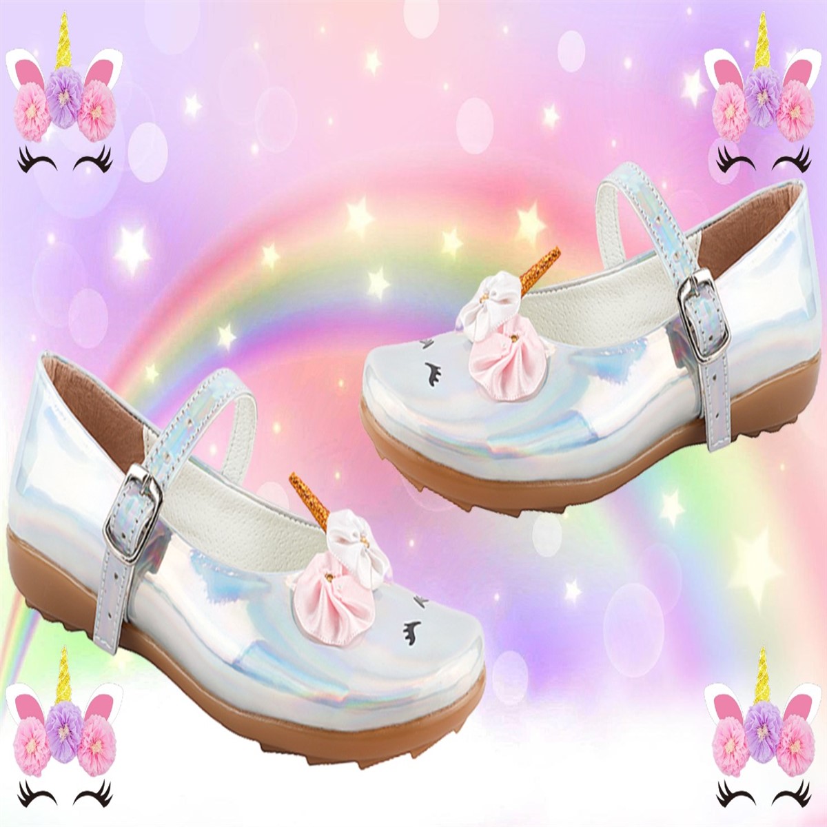 Zapato Niña Unicornio Princesa Zapatillas 01 plata tornasol.