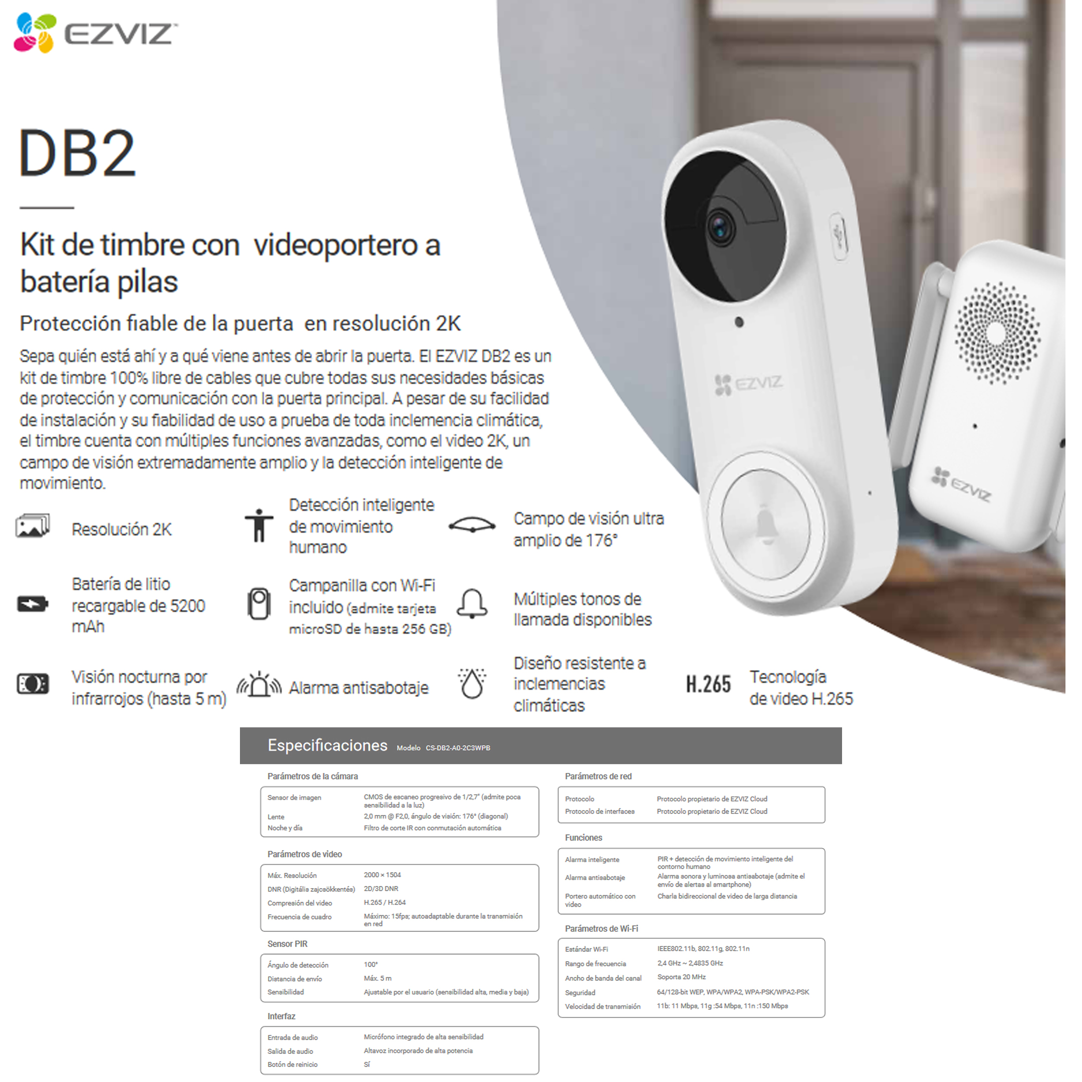 Timbre Con Cámara Wi-fi Ezviz De Batería Recargable Libre De Cables Uso Exterior 