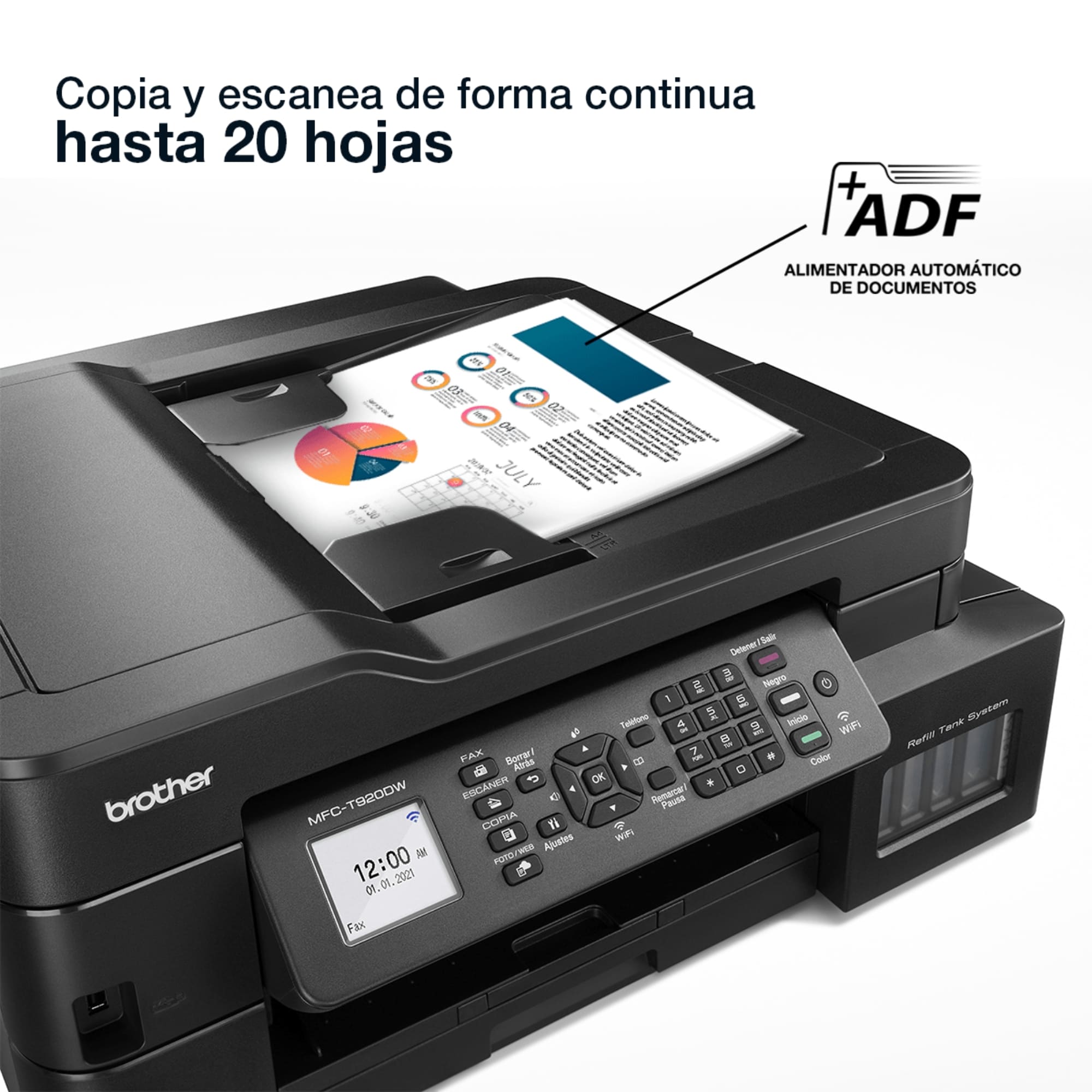 Impresora Multifuncional Brother InkBenefit Tank MFC-T920DW con Sistema de Tinta Continua, Color, Cama Carta, Wi-Fi.