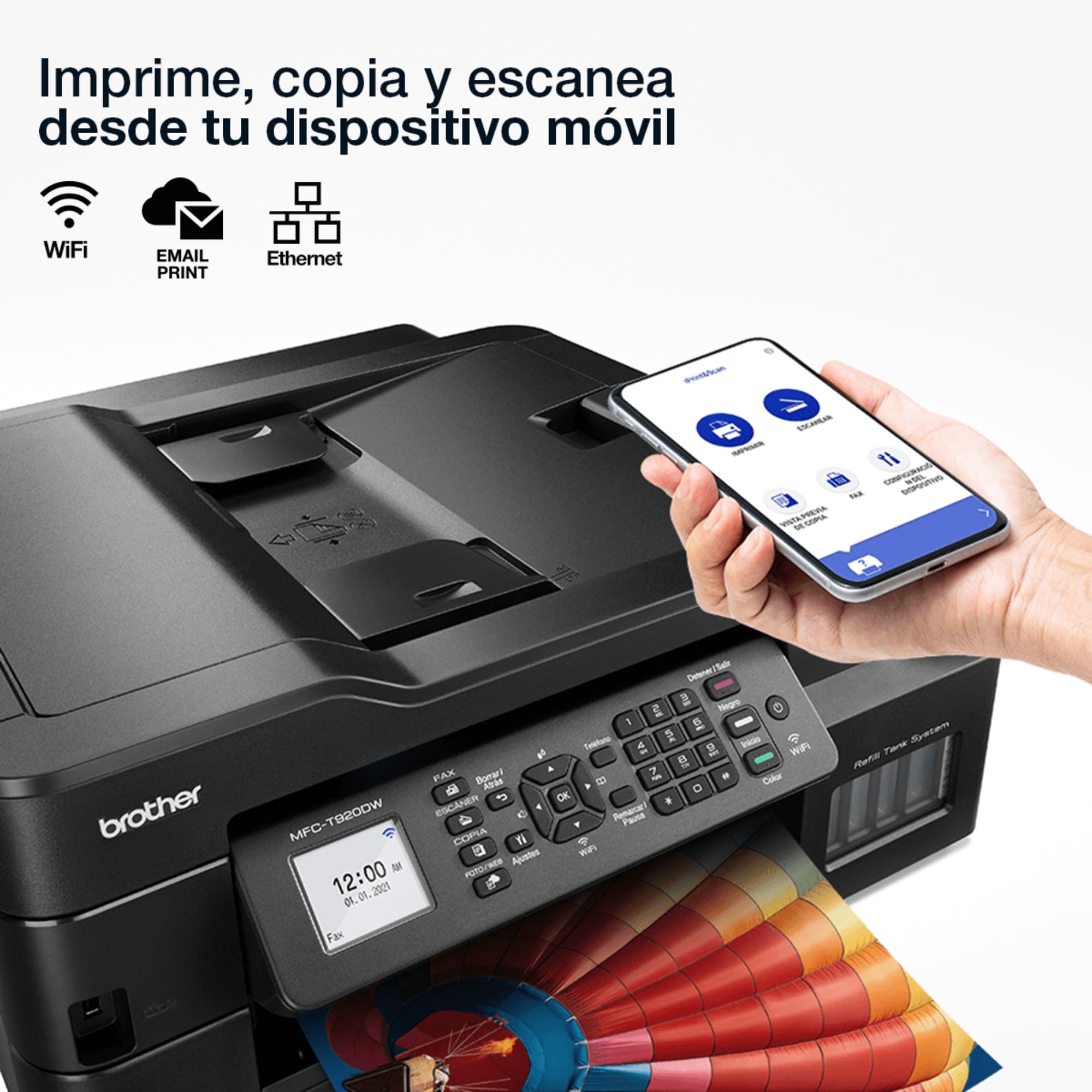 Impresora Multifuncional Brother InkBenefit Tank MFC-T920DW con Sistema de Tinta Continua, Color, Cama Carta, Wi-Fi.