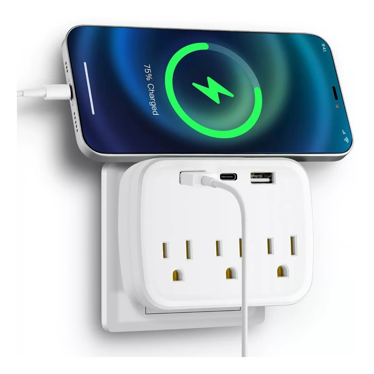 Adaptador De Pared Multicontactos, 3 Toma, 2 Usb, 1 Tipo C Blanco