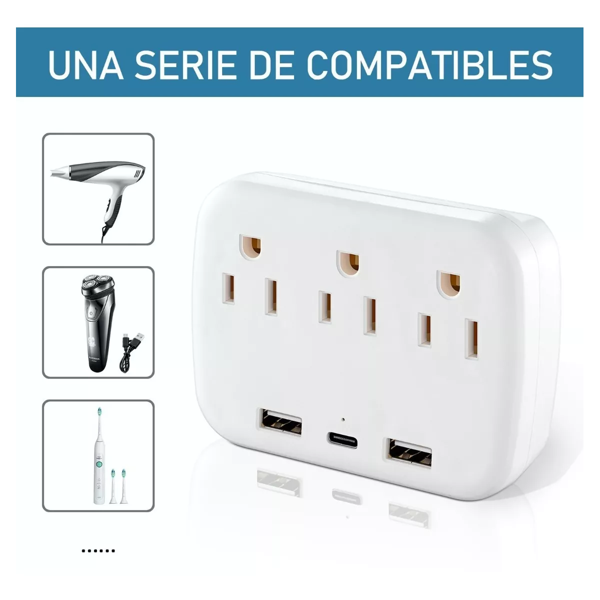 Adaptador De Pared Multicontactos, 3 Toma, 2 Usb, 1 Tipo C Blanco