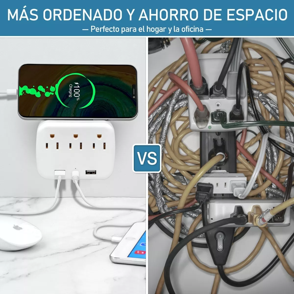 Adaptador De Pared Multicontactos, 3 Toma, 2 Usb, 1 Tipo C Blanco