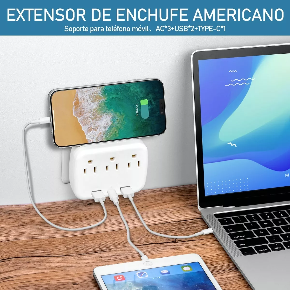 Adaptador De Pared Multicontactos, 3 Toma, 2 Usb, 1 Tipo C Blanco