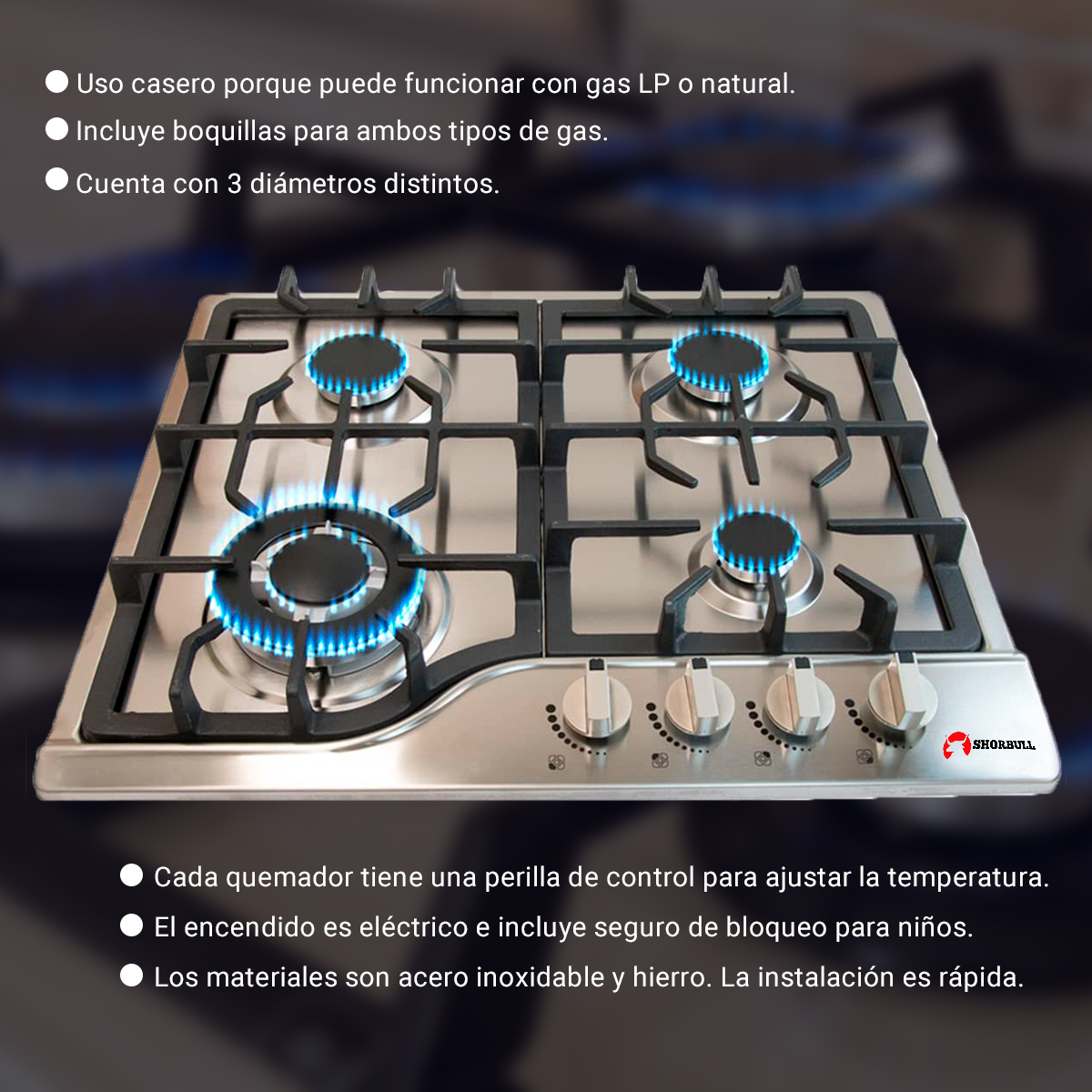 Parrilla Estufa 4 Cuatro Quemadores Acero Inoxidable Shorbull