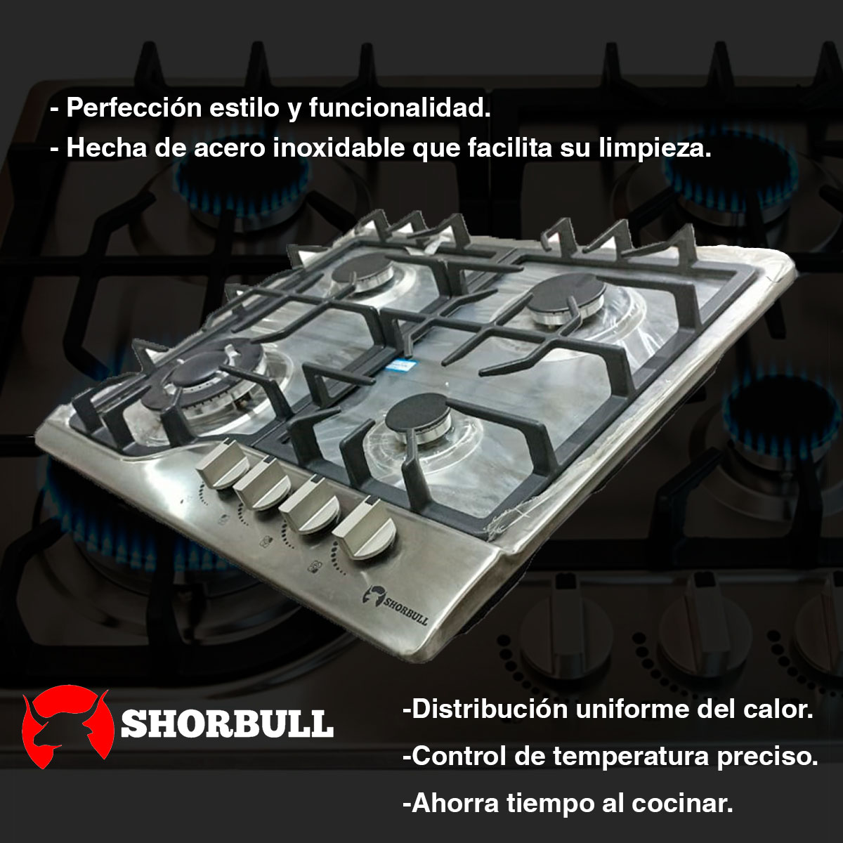 Parrilla Estufa 4 Cuatro Quemadores Acero Inoxidable Shorbull