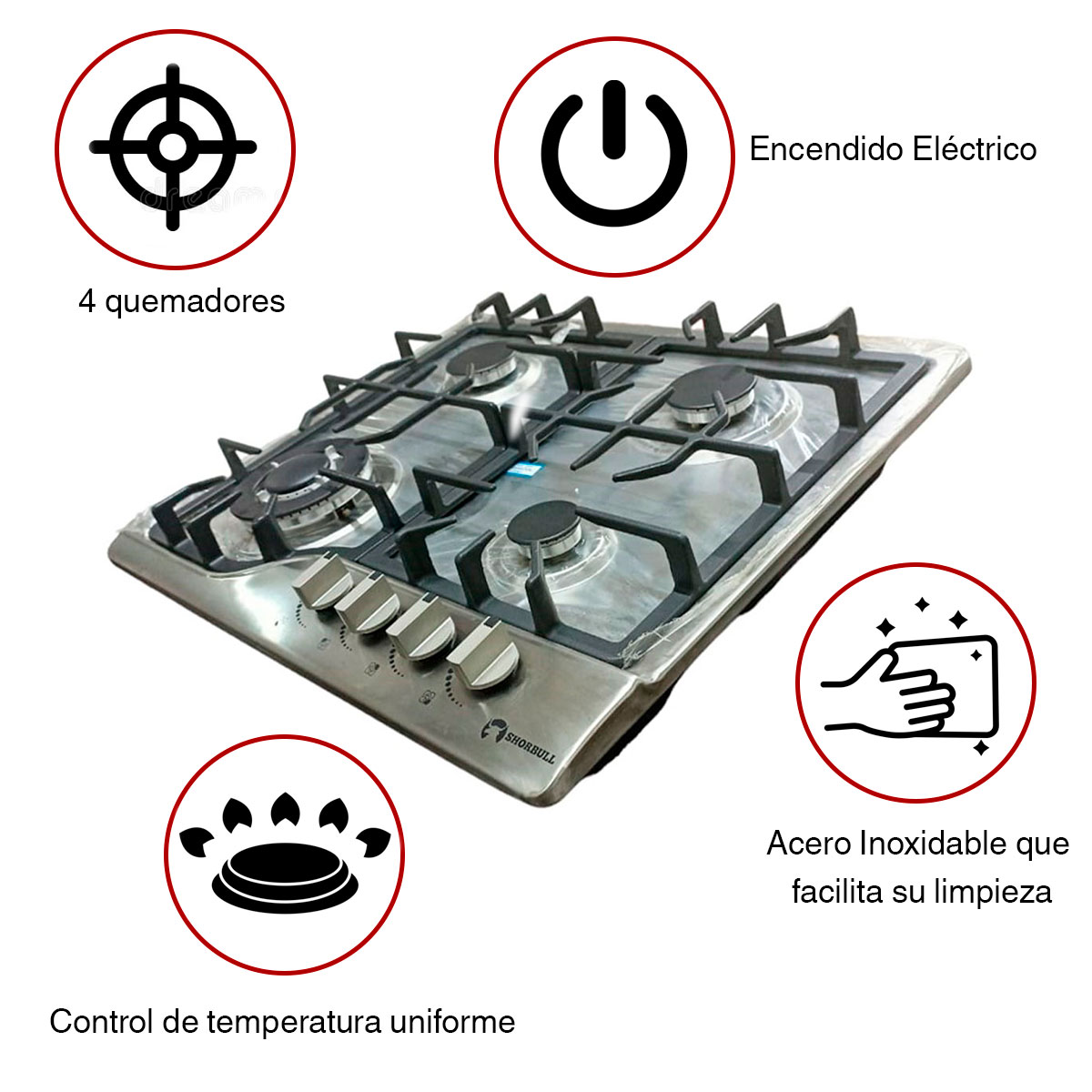 Parrilla Estufa 4 Cuatro Quemadores Acero Inoxidable Shorbull