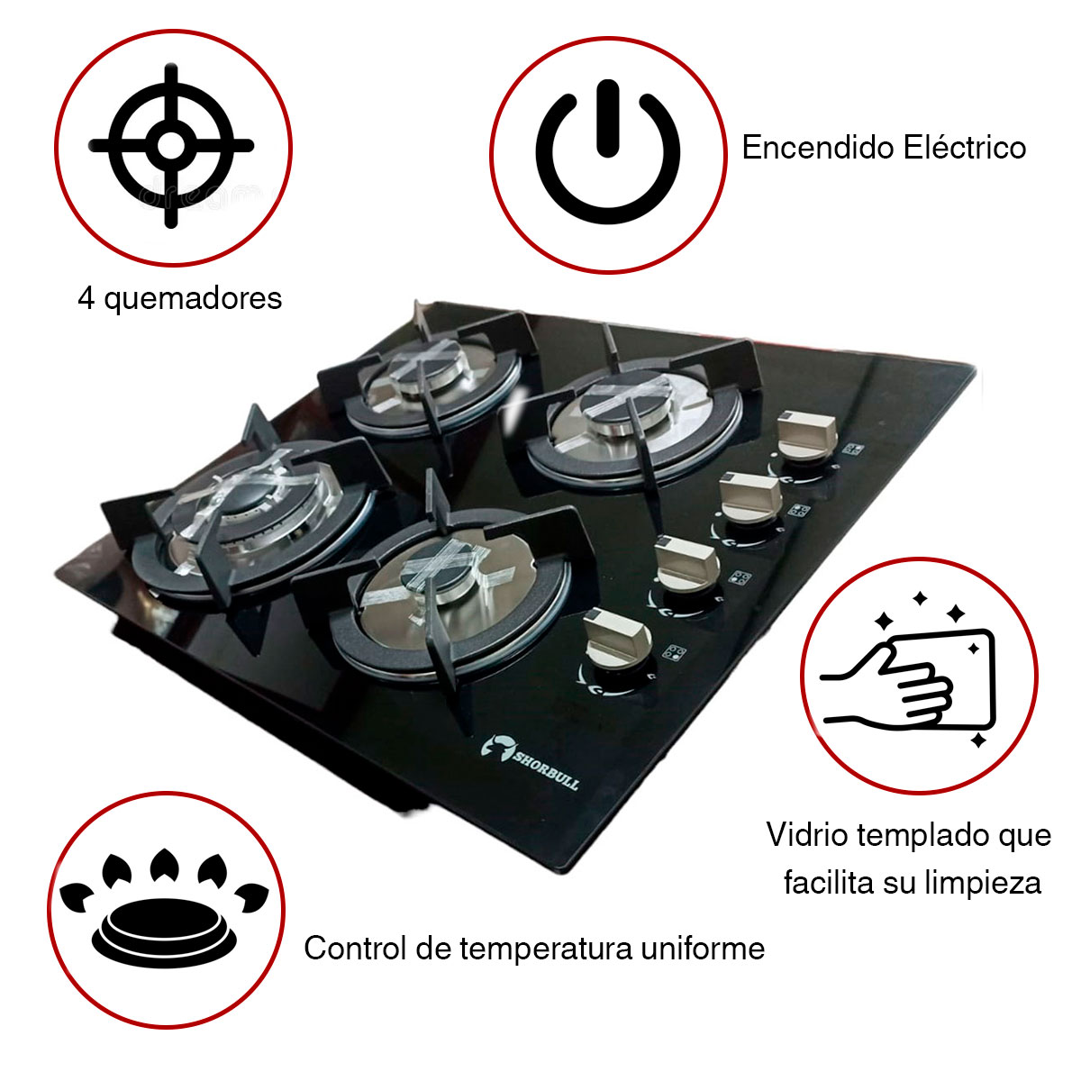 Parrilla Estufa 4 Cuatro Quemadores Vidrio Templado Shorbull